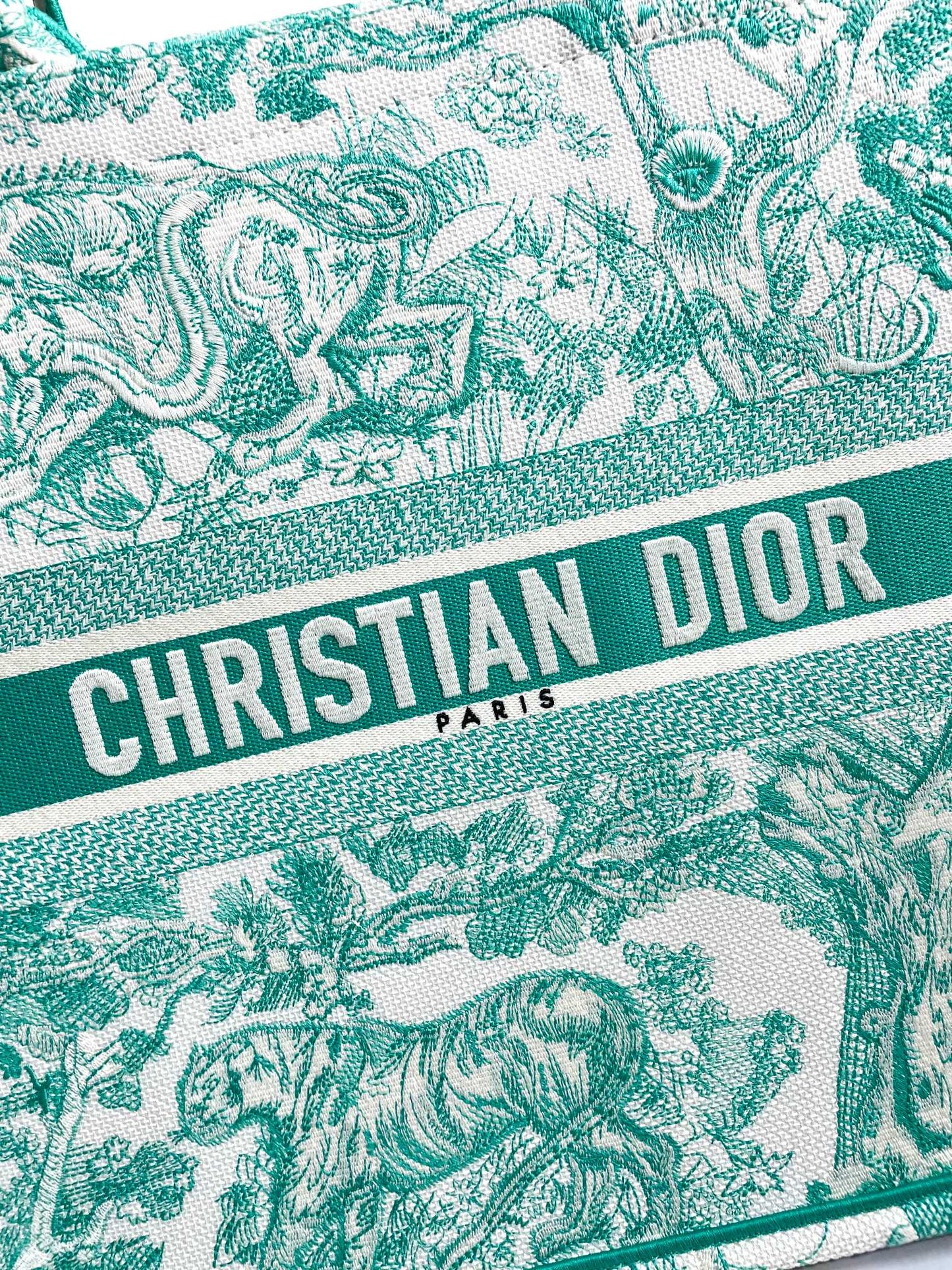 Dior Green and White Floral Toile de Jouy Canvas Tote Bag