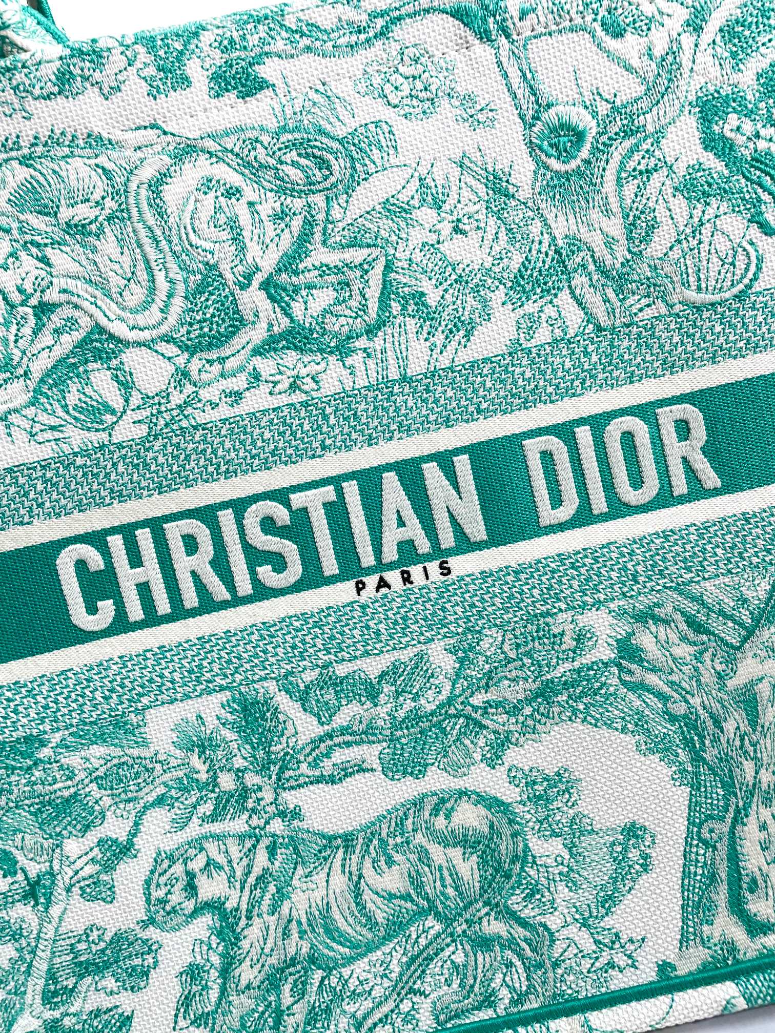 Dior Green and White Floral Toile de Jouy Canvas Tote Bag