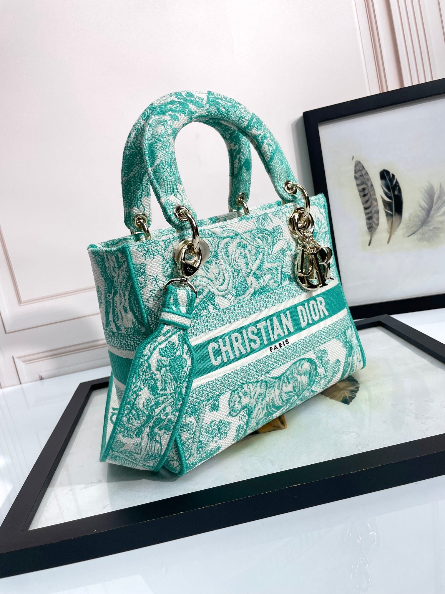 Christian Dior Lady D-Lite Bag in Green and White Floral Embroidery