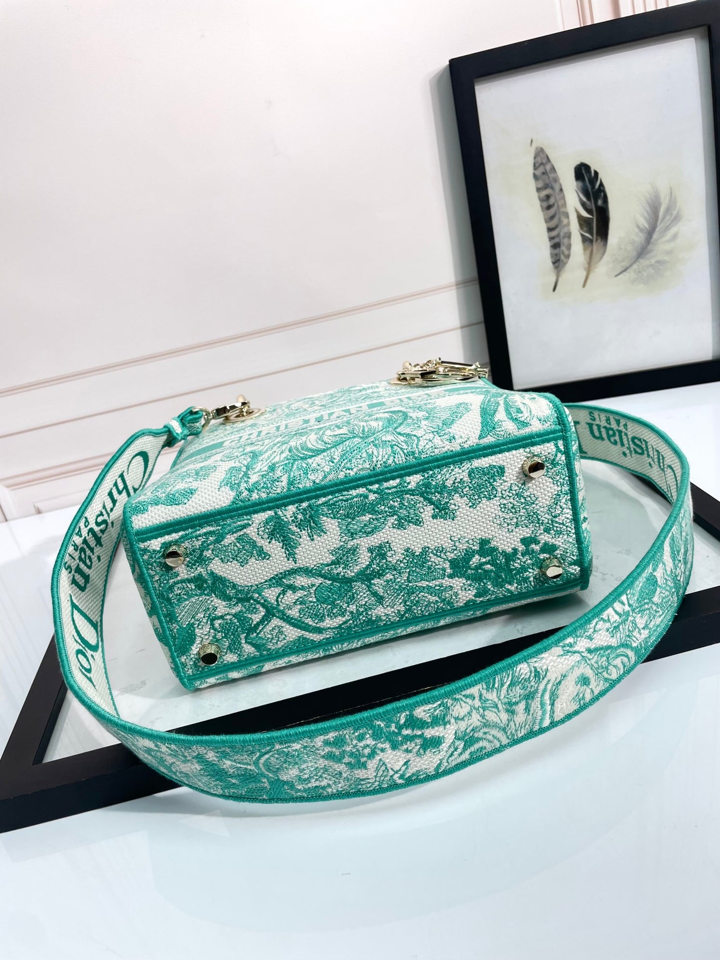 Christian Dior Medium Lady D-Lite Bag - Green Toile de Jouy Reverse Embroidery