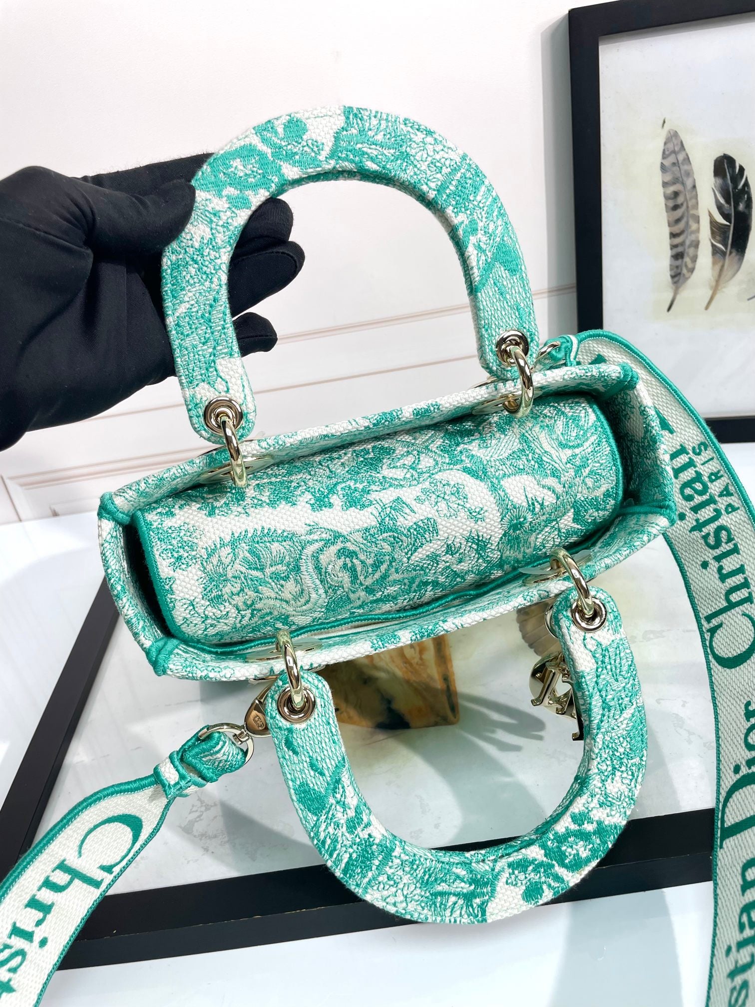 Christian Dior Medium Lady D-Lite Bag - Green Toile de Jouy Reverse Embroidery