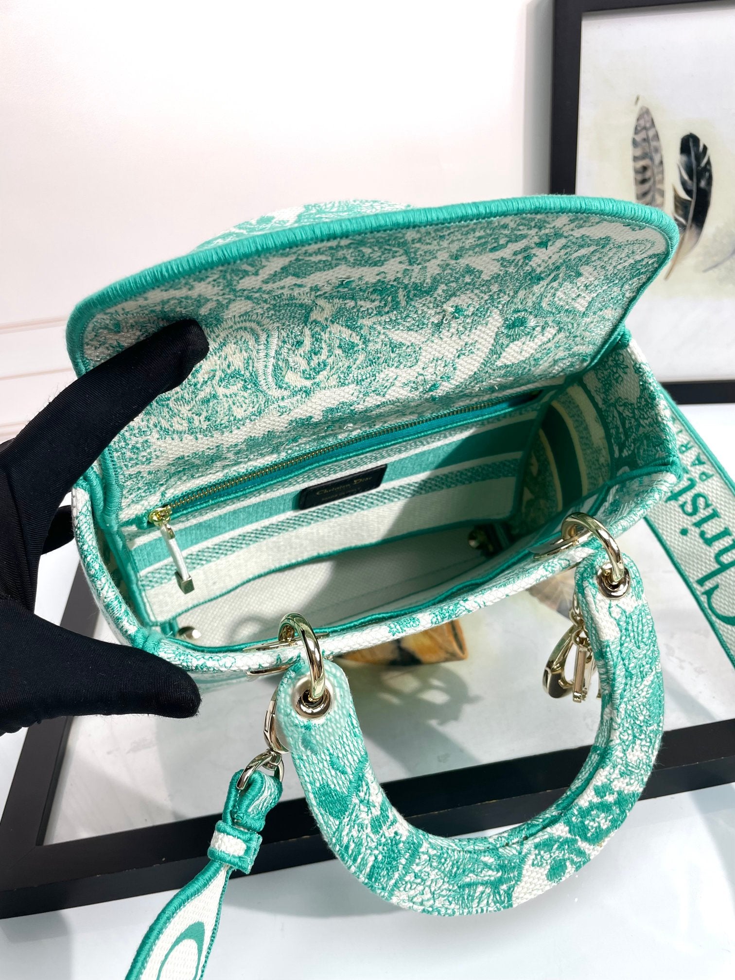 Christian Dior Lady D-Lite Bag Green Toile de Jouy Embroidery Medium