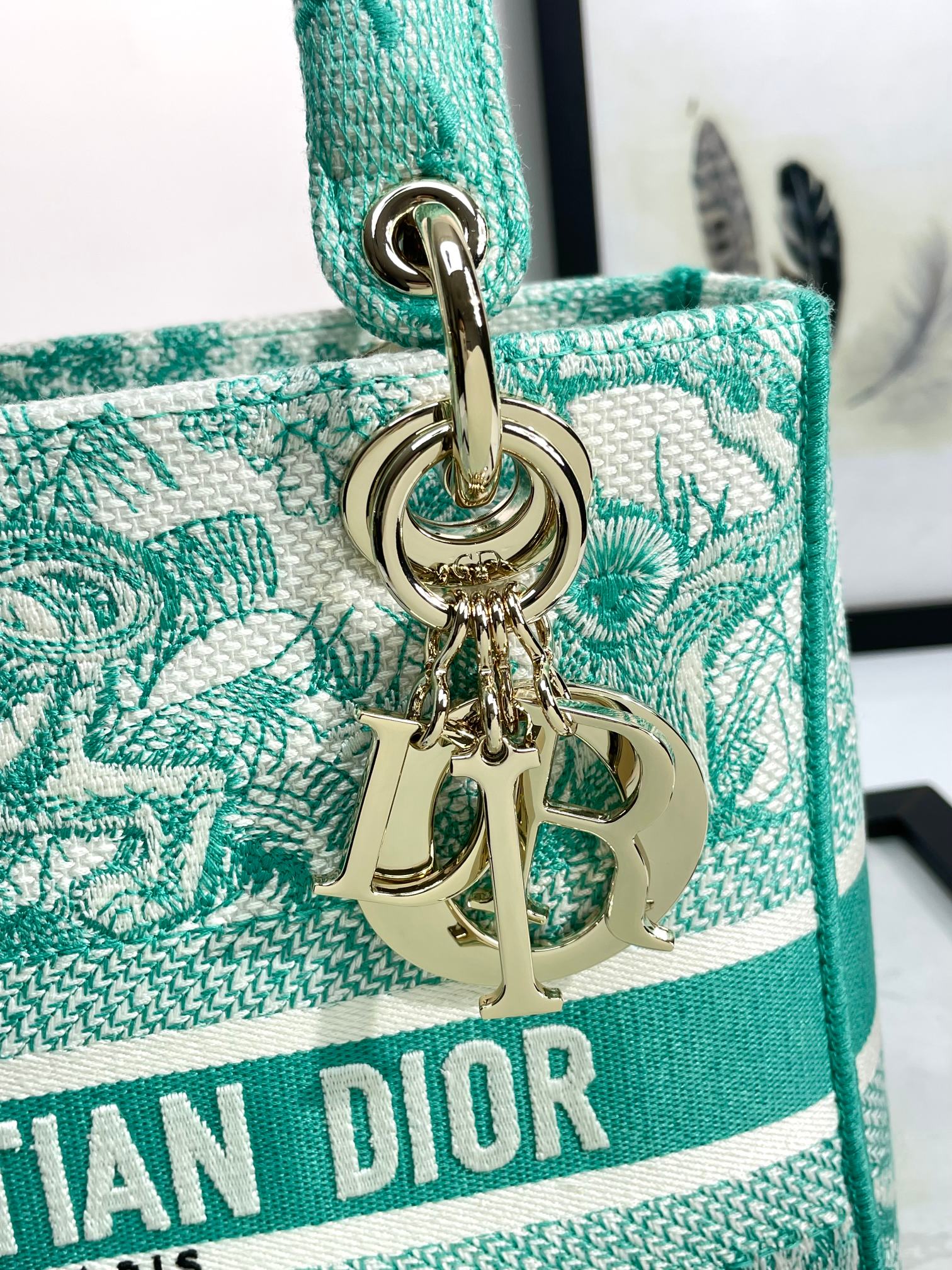 Dior Green Floral Toile Canvas Top Handle Bag with Shoulder Strap