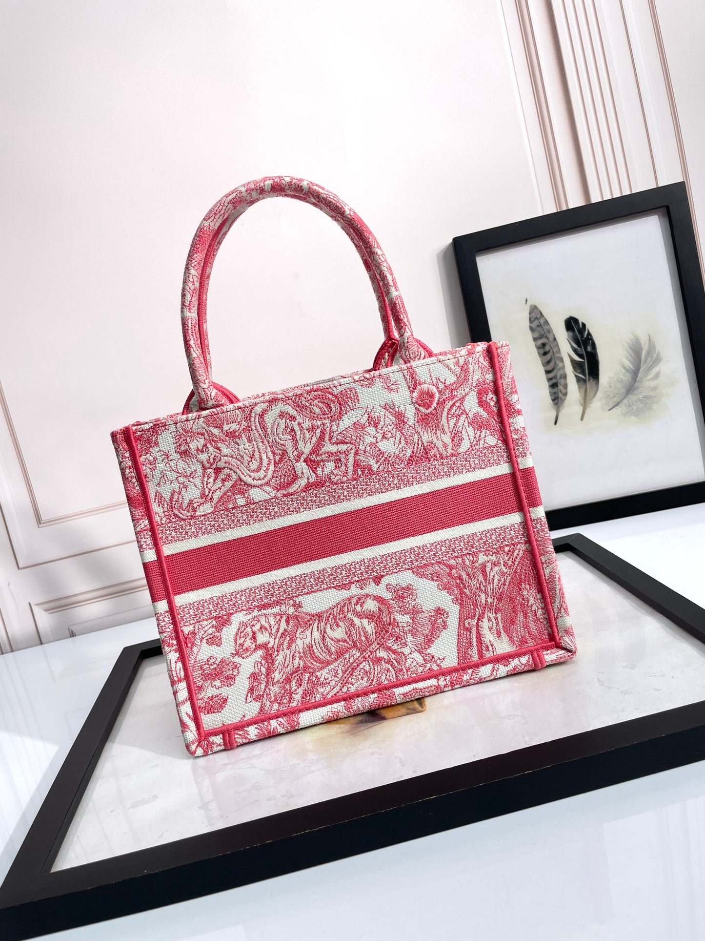 Dior Red and White Toile Embroidered Canvas Top Handle Tote Bag
