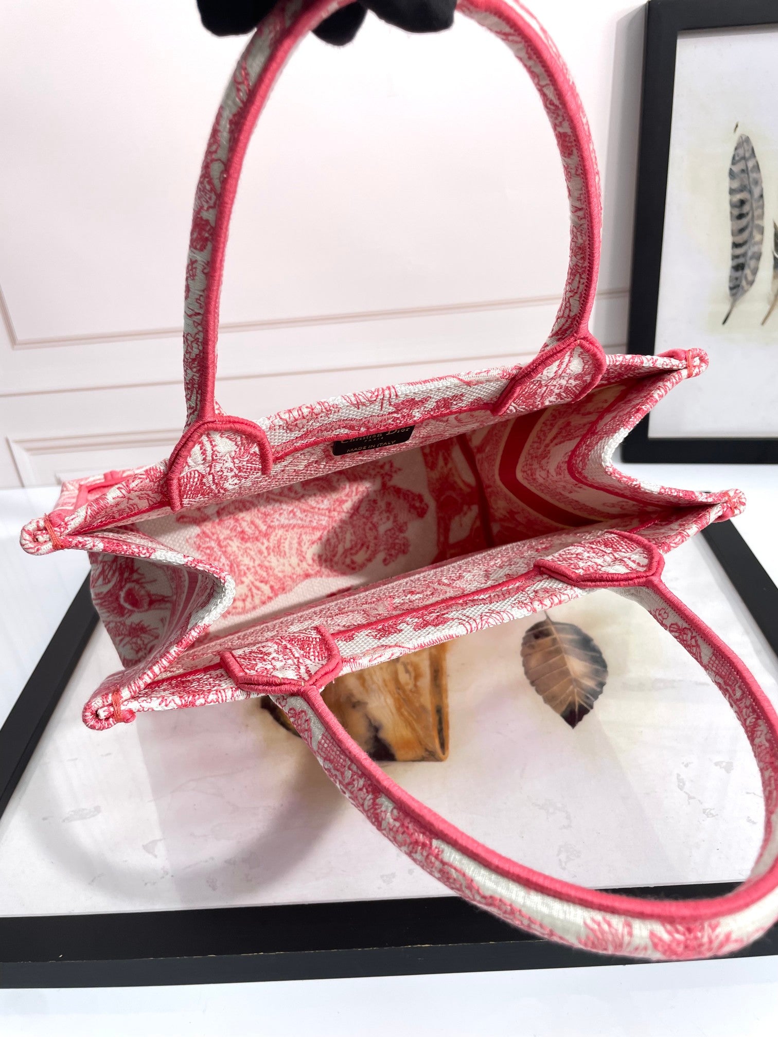 Dior Red Embroidered Toile de Jouy Canvas Tote Bag with Top Handles