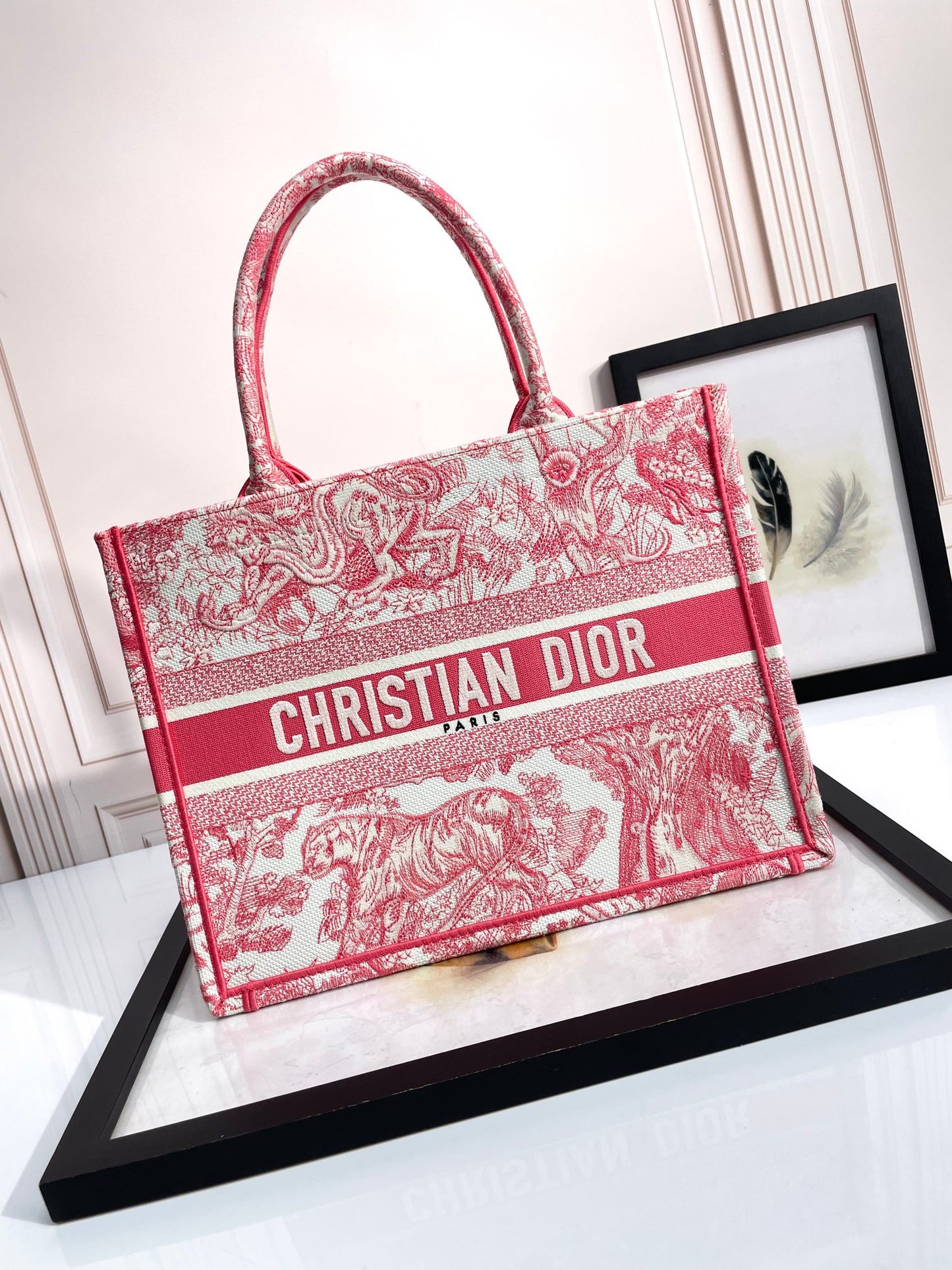Dior Red and White Floral Toile Embroidered Canvas Tote Handbag