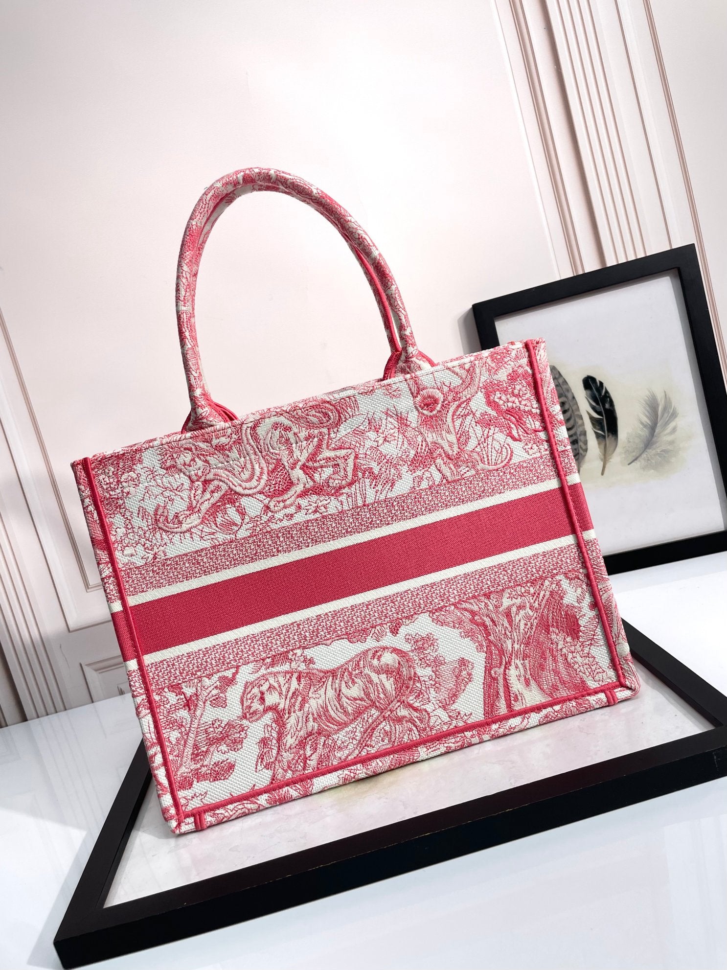 Christian Dior Large Book Tote Pink Toile de Jouy Embroidered Canvas Bag