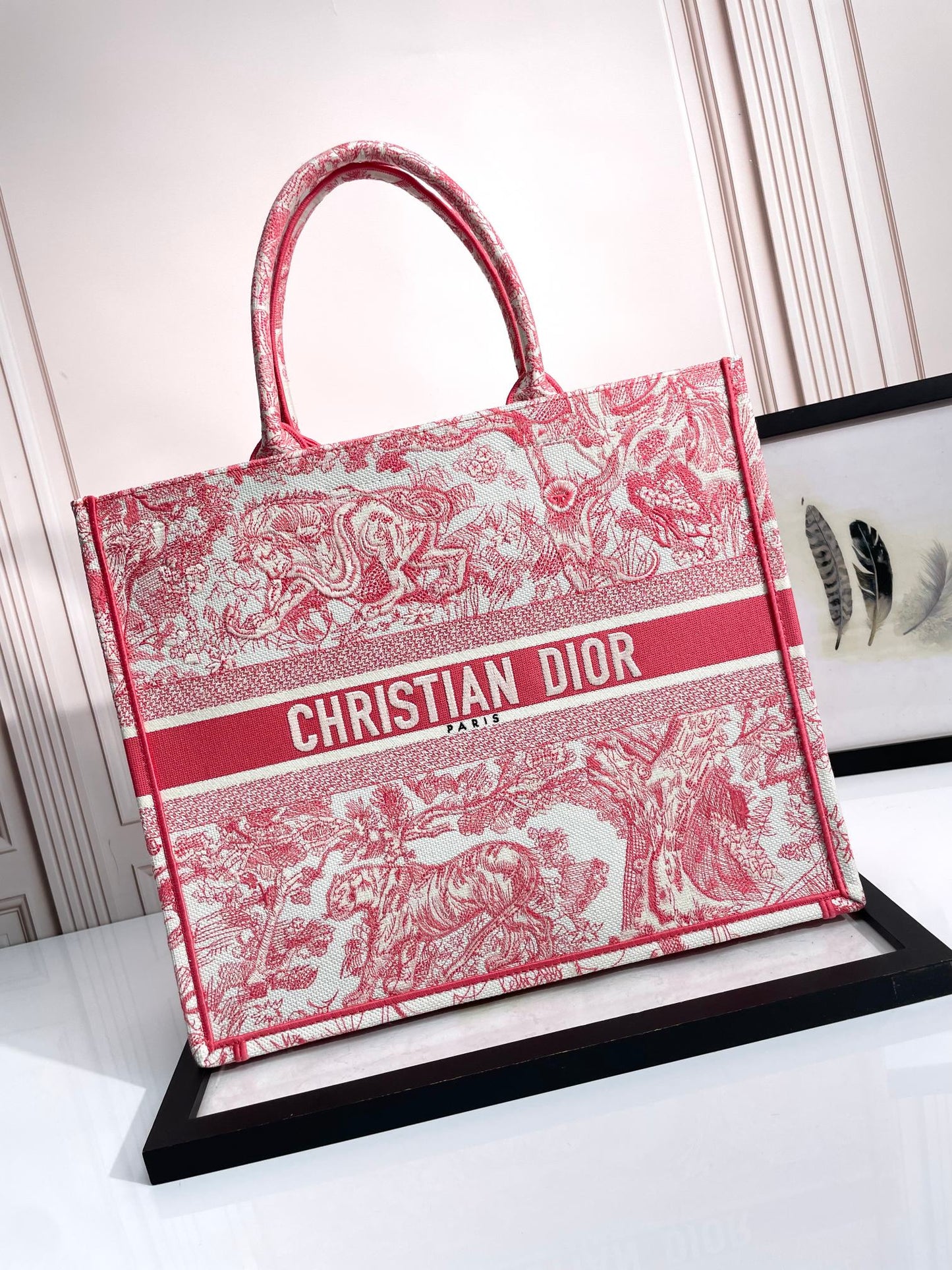 Dior Vintage Pink Toile de Jouy Embroidered Canvas Tote Bag