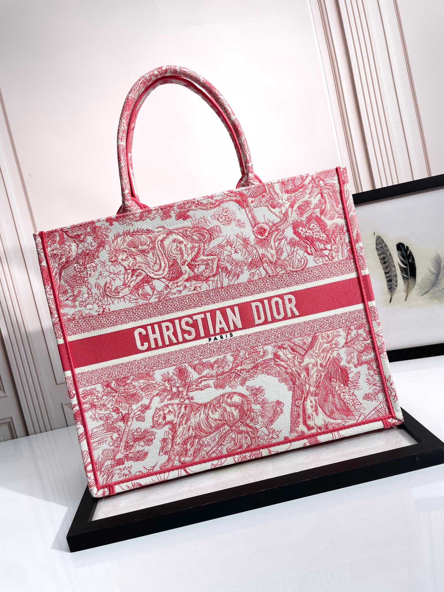 Dior Vintage Red and White Toile de Jouy Embroidered Canvas Tote Bag