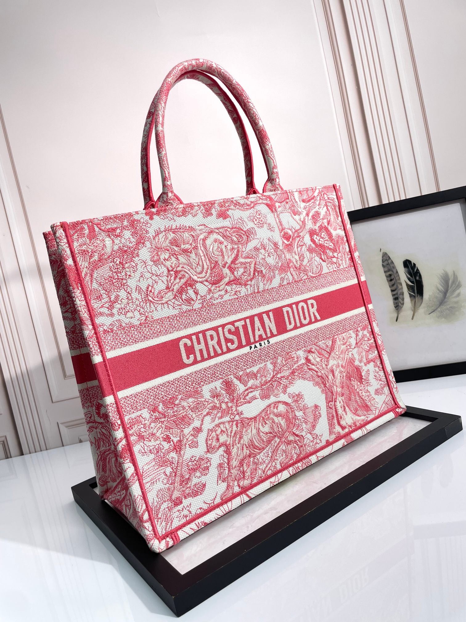 Christian Dior Large Book Tote Pink Toile de Jouy Embroidery Bag