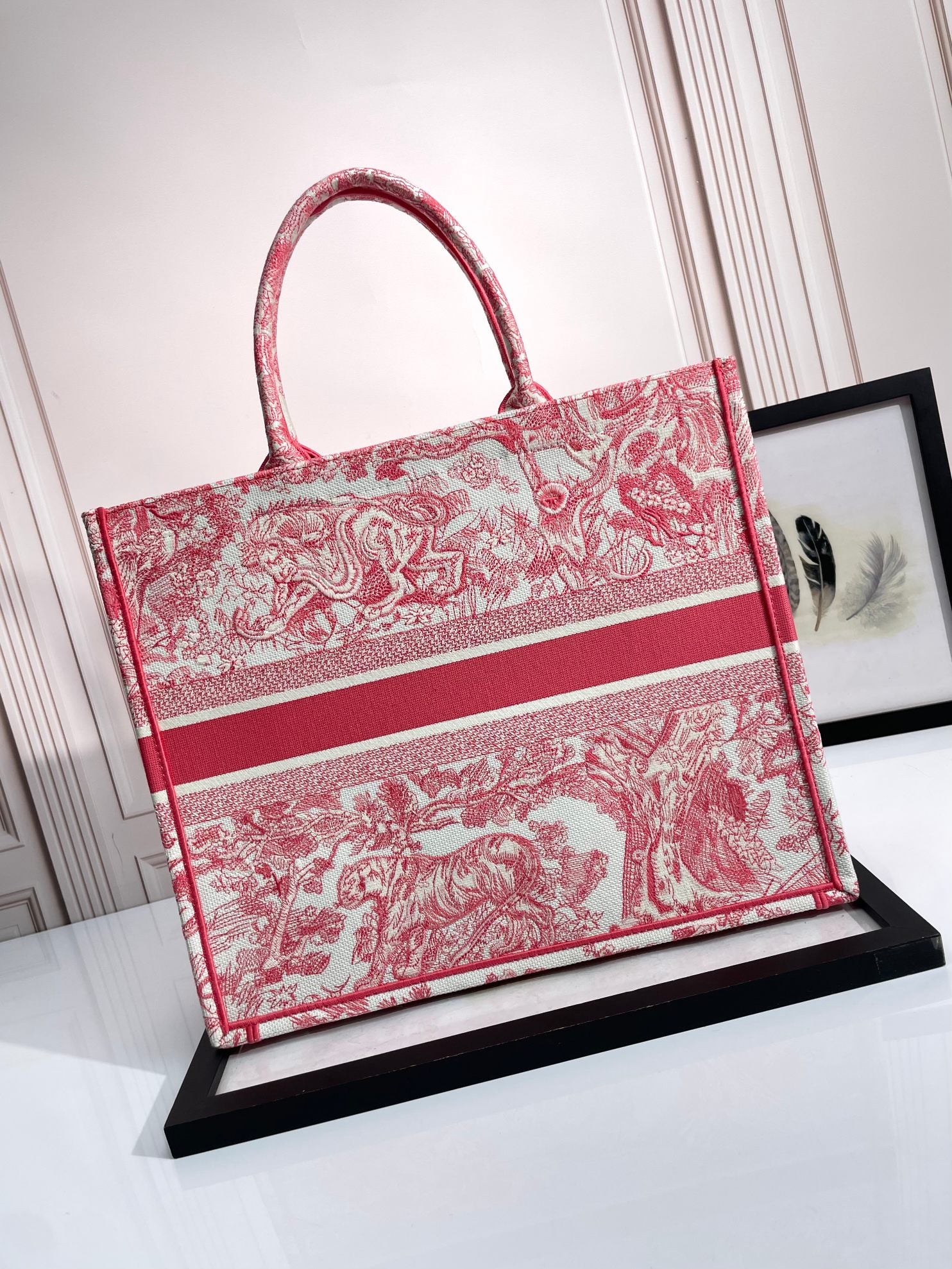 Dior Vintage Red and White Toile de Jouy Embroidered Canvas Tote Bag