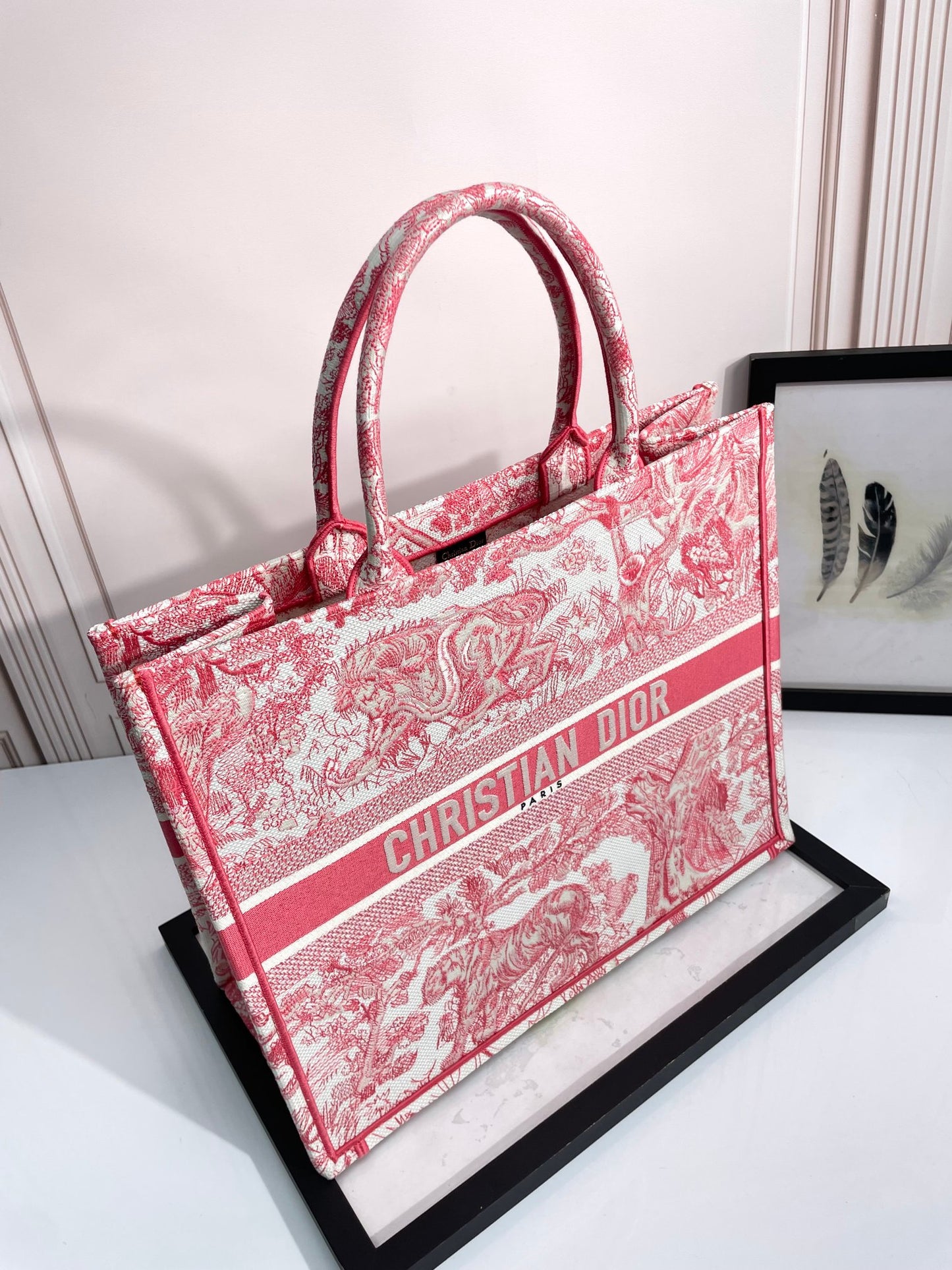 Dior Red Toile de Jouy Embroidered Canvas Tote Bag Handbag