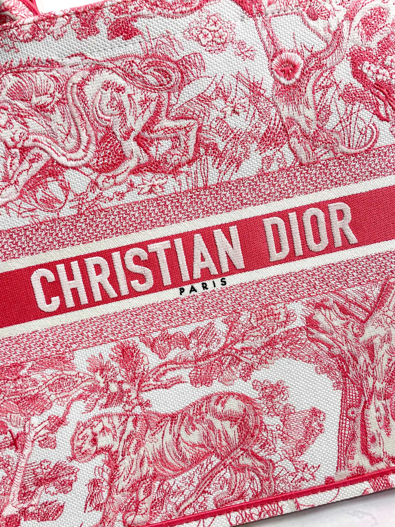 Dior Vintage Red and White Toile de Jouy Embroidered Canvas Tote Bag