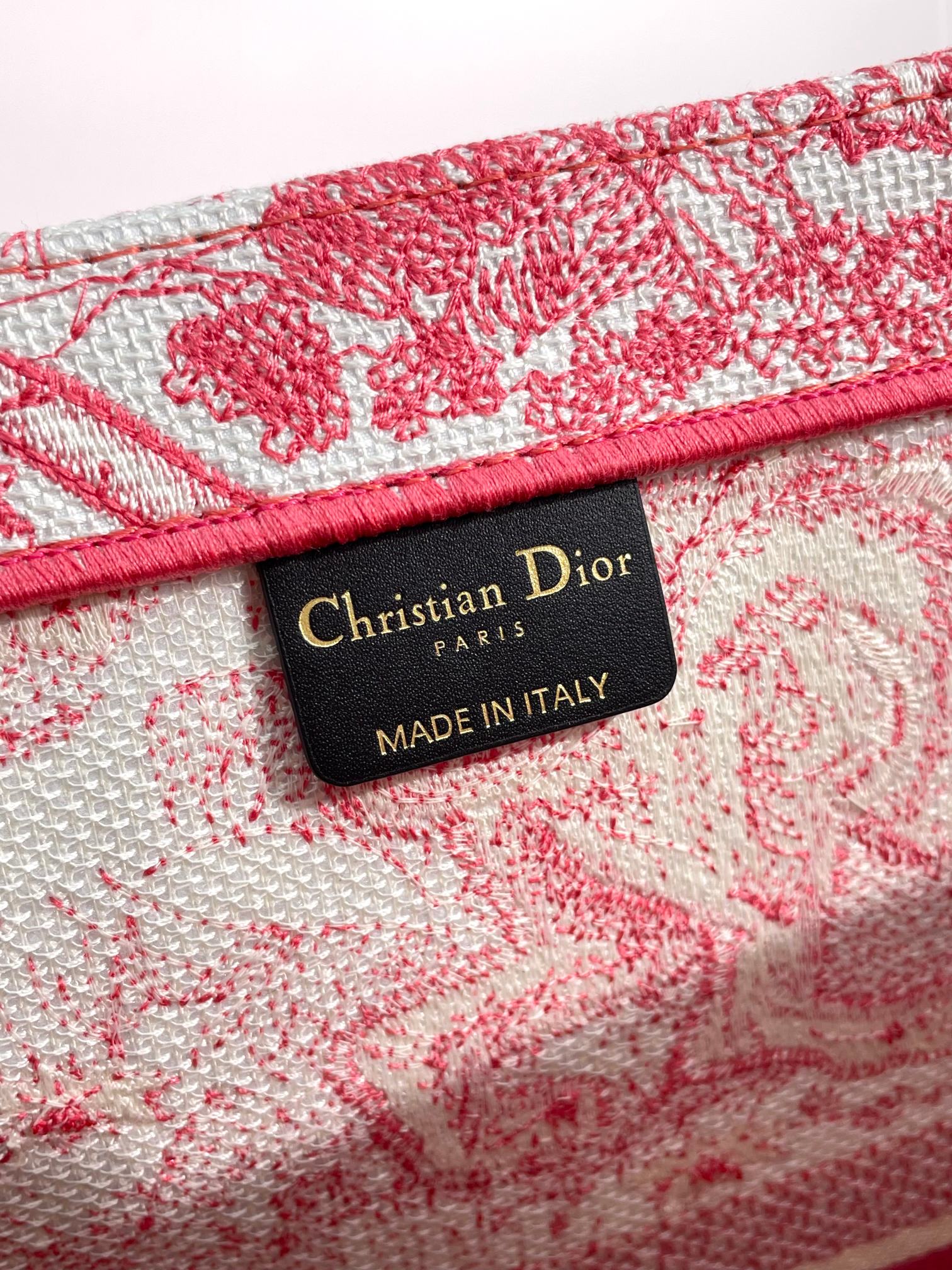 Dior Vintage Pink Toile de Jouy Embroidered Canvas Tote Bag