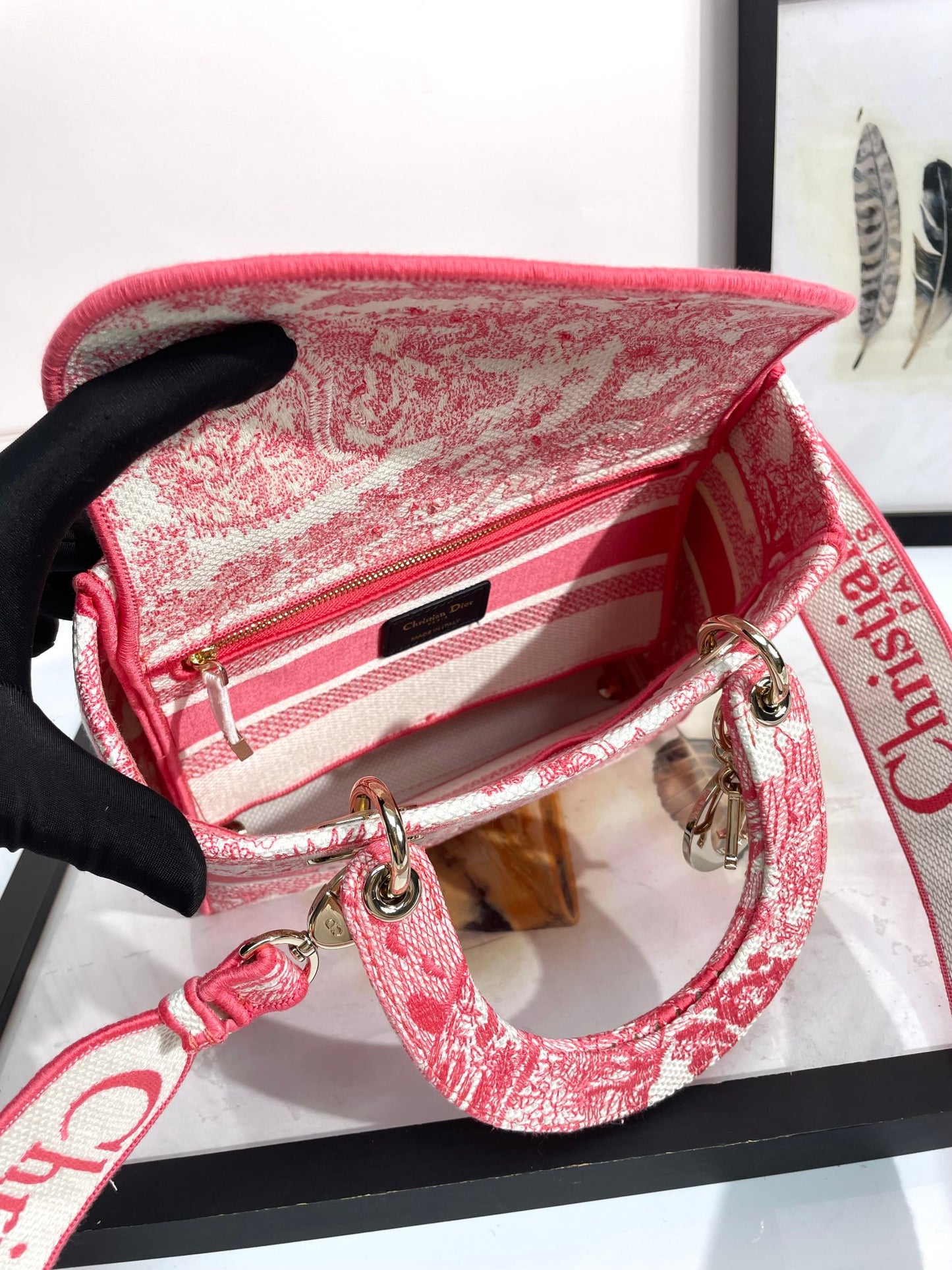 Dior Pink Floral Embroidered Canvas Top Handle Handbag with Strap