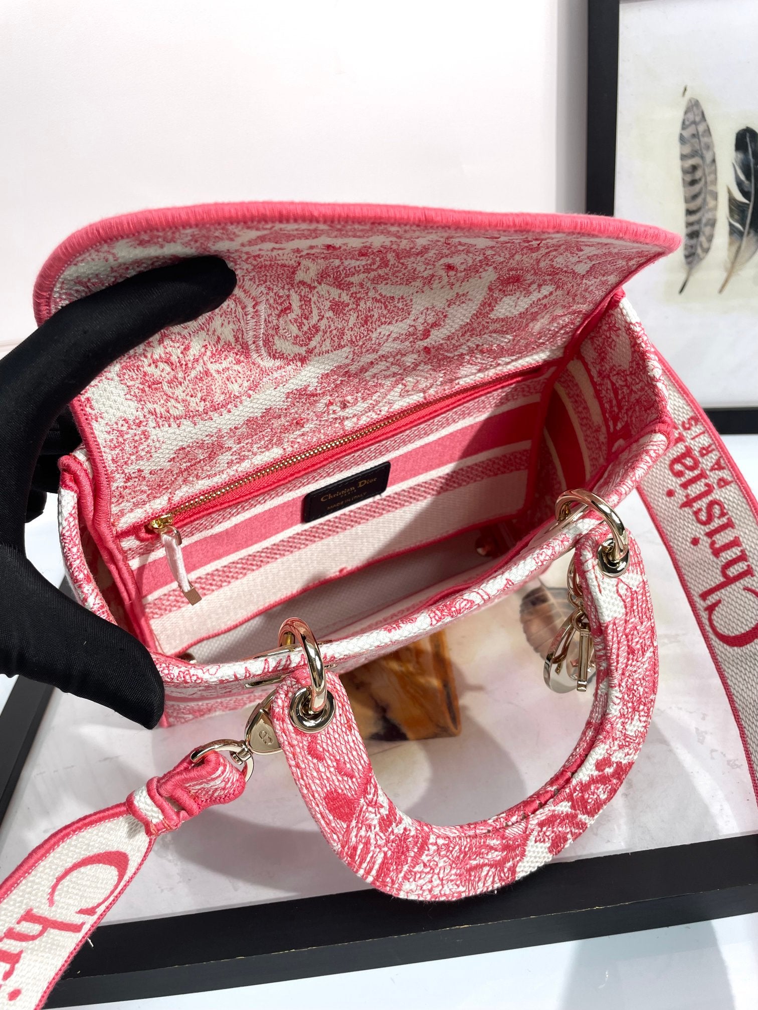 Dior Elegant Pink Floral Embroidery Structured Top Handle Handbag