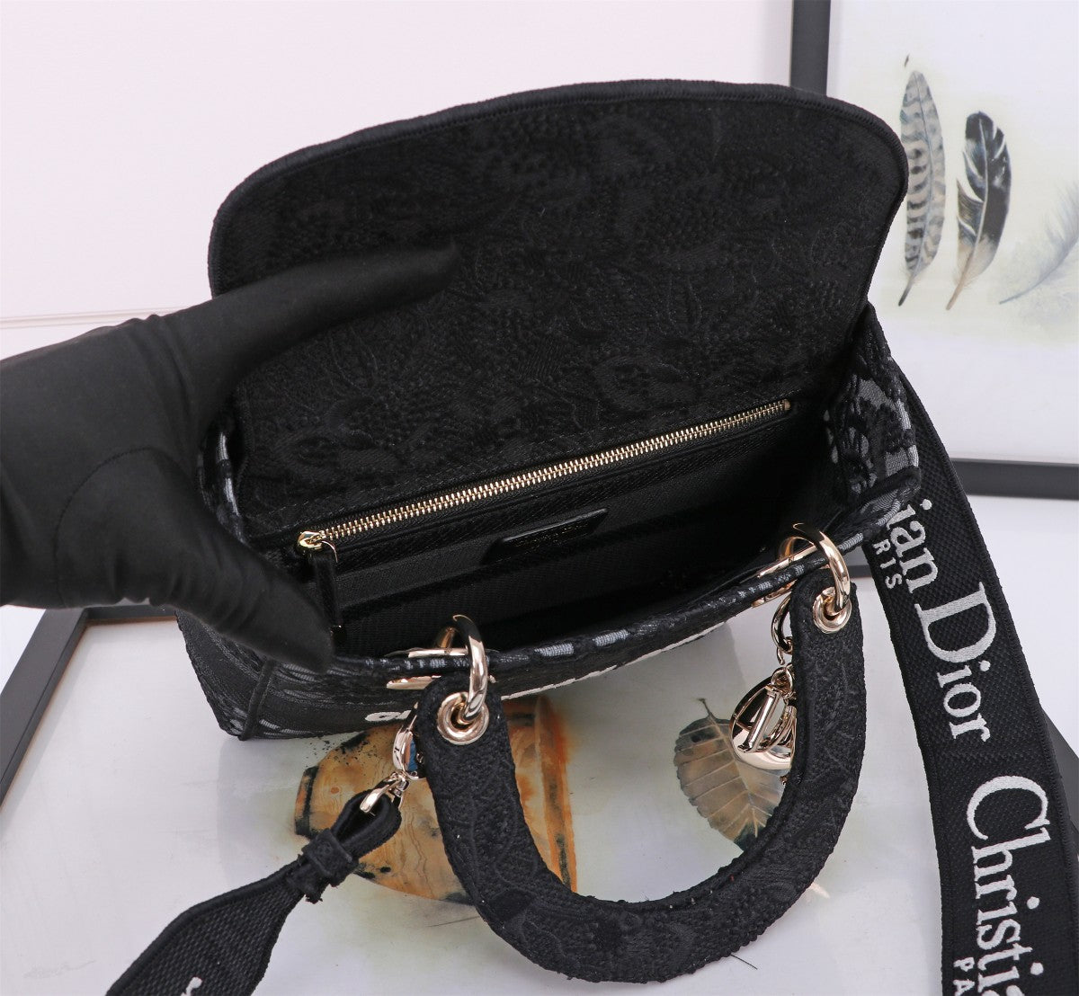 Dior Elegant Black Floral Lace Embroidered Top Handle Handbag