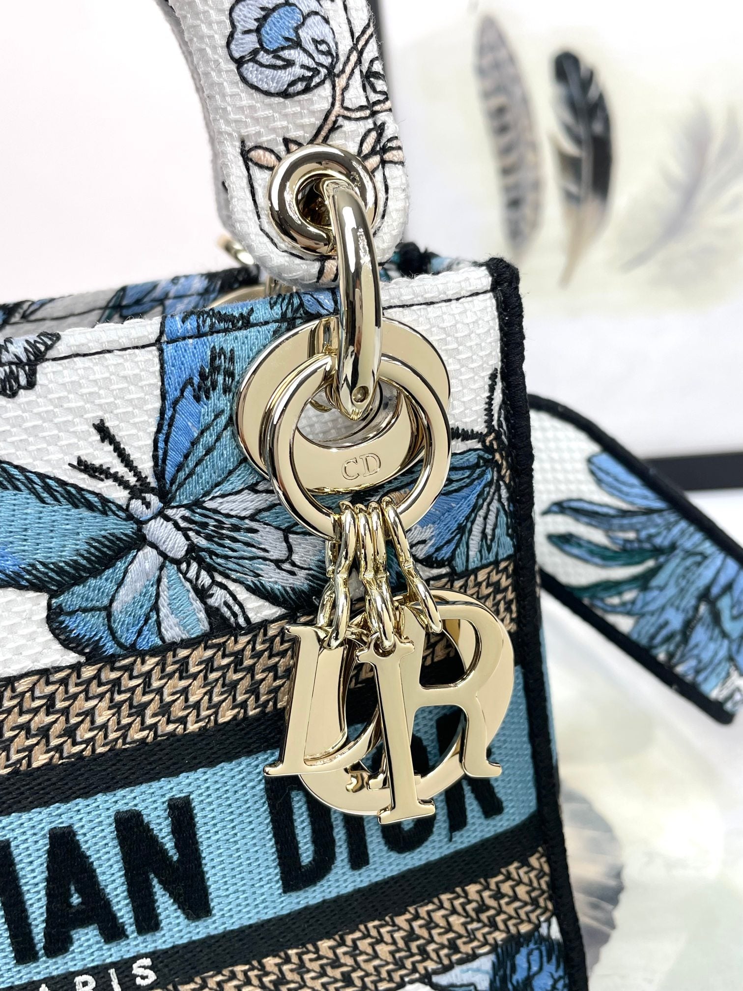 Dior Blue and White Butterfly Embroidered Canvas Mini Handbag