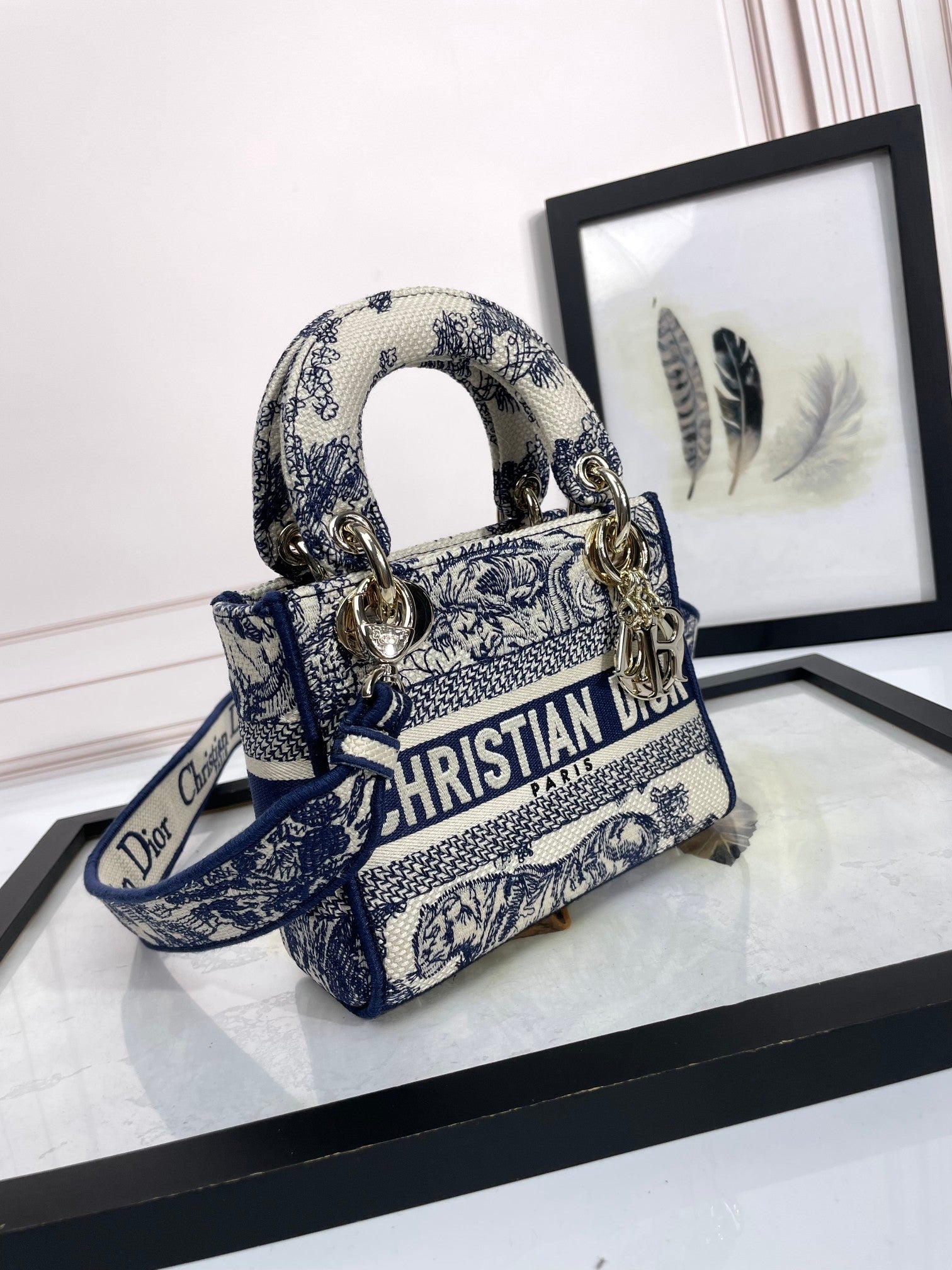 Dior Vintage Blue Toile de Jouy Embroidered Top Handle Shoulder Bag