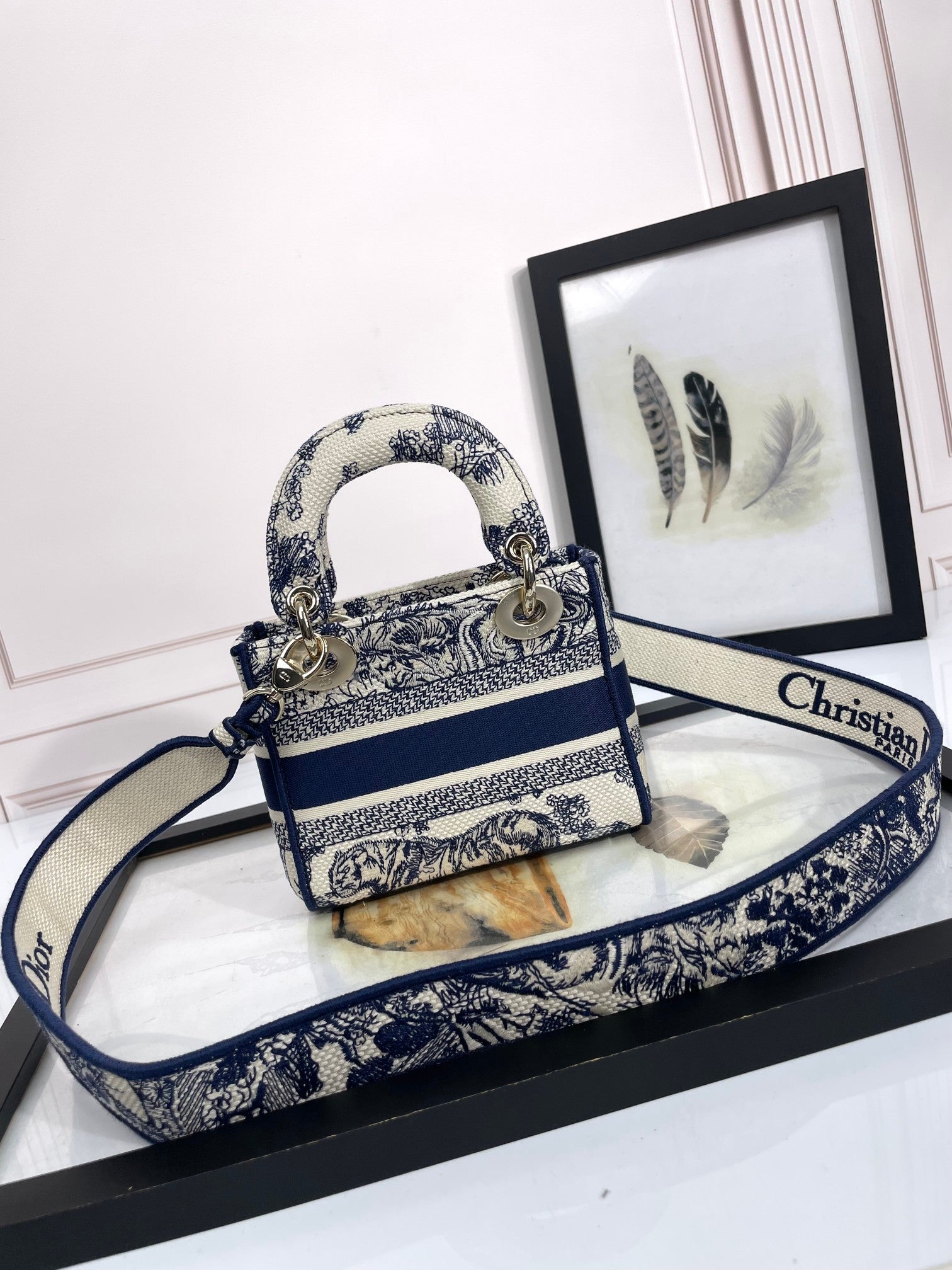 Dior Vintage Blue Toile de Jouy Embroidered Top Handle Shoulder Bag