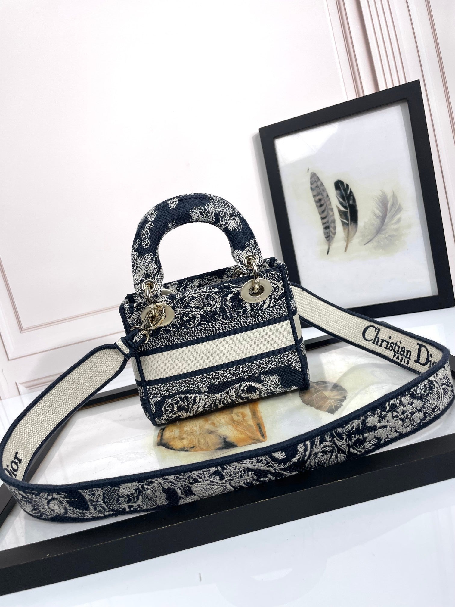 Dior Navy Blue Floral Embroidered Canvas Top Handle Handbag