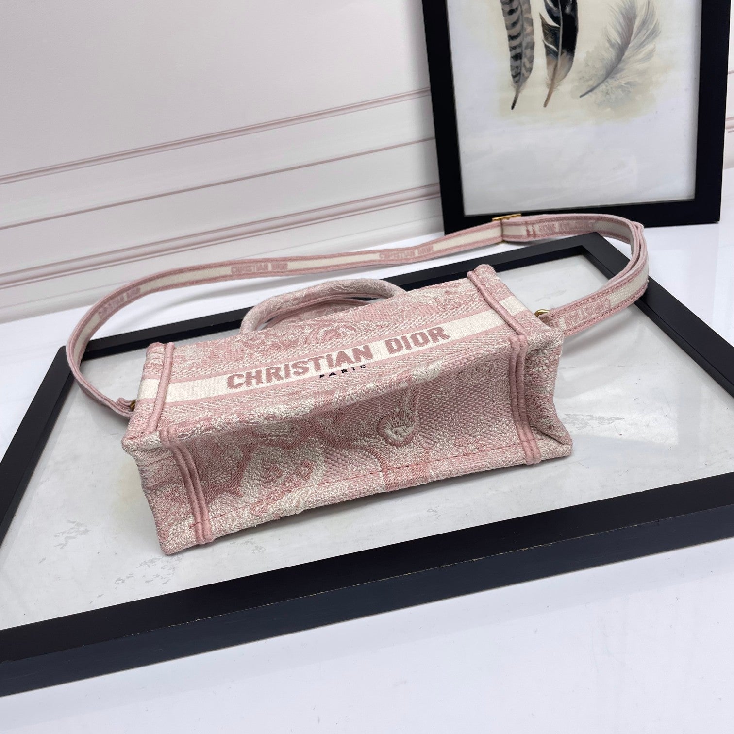 Dior Vintage Pink Embroidered Canvas Top Handle Crossbody Tote Bag