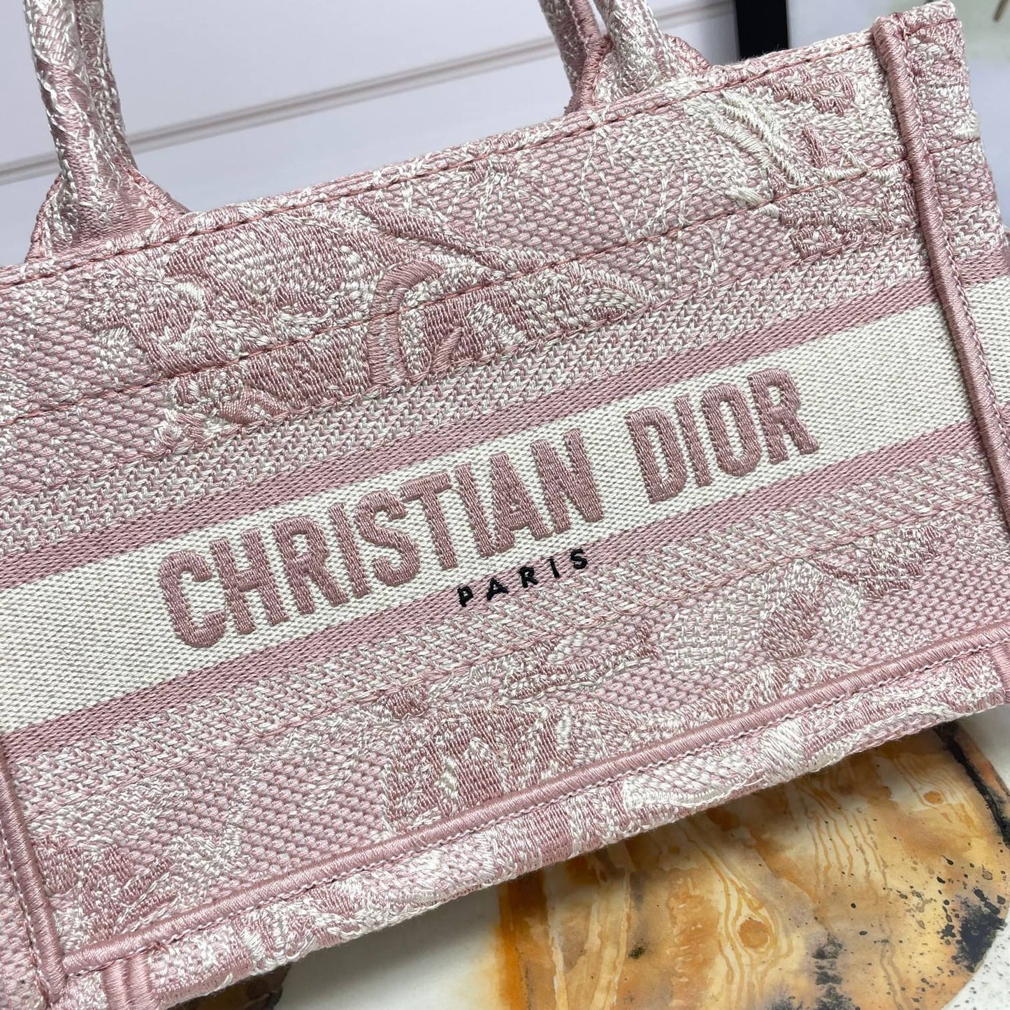 Dior Vintage Pink Embroidered Canvas Top Handle Crossbody Tote Bag