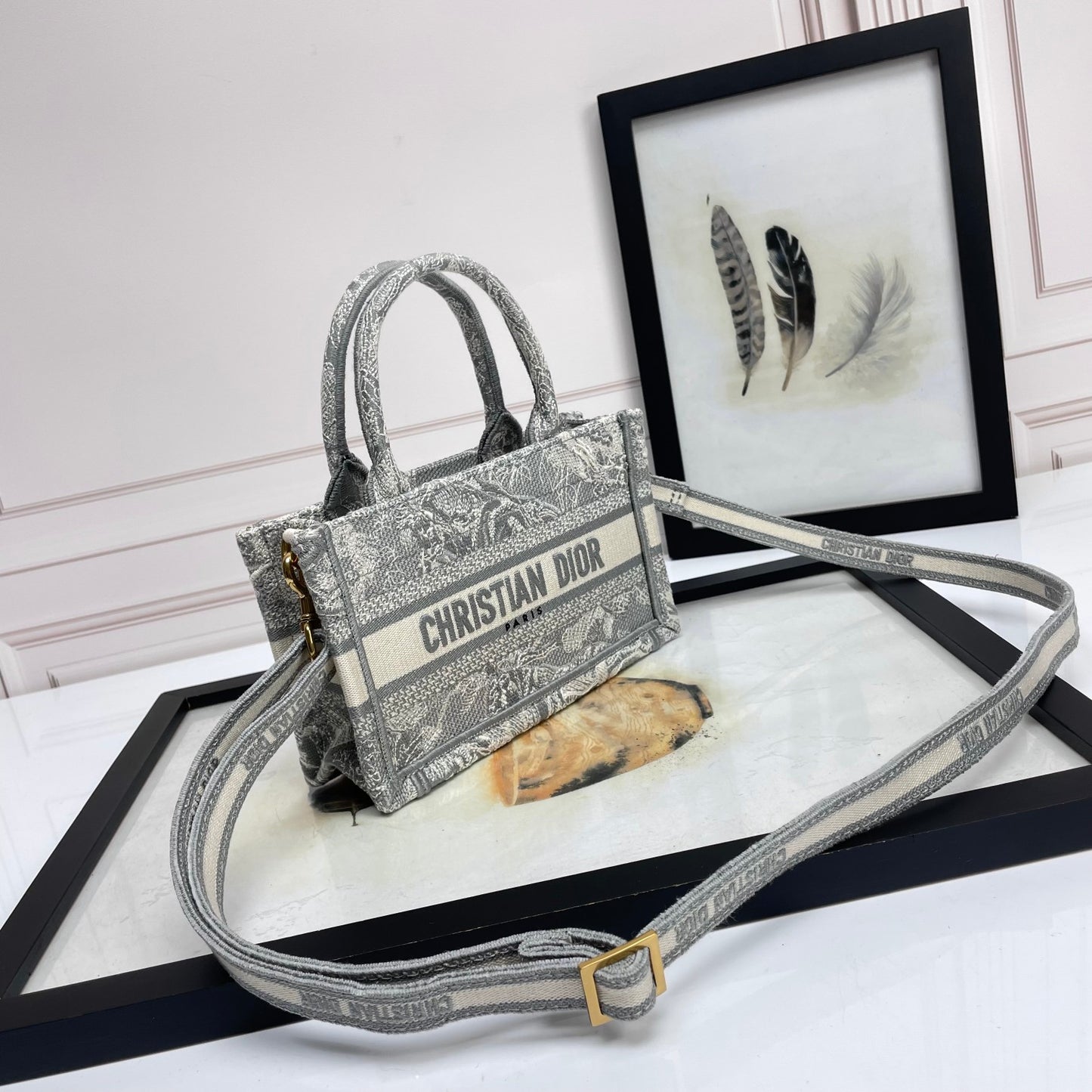 Dior Vintage Grey Embroidered Canvas Mini Tote Bag with Strap
