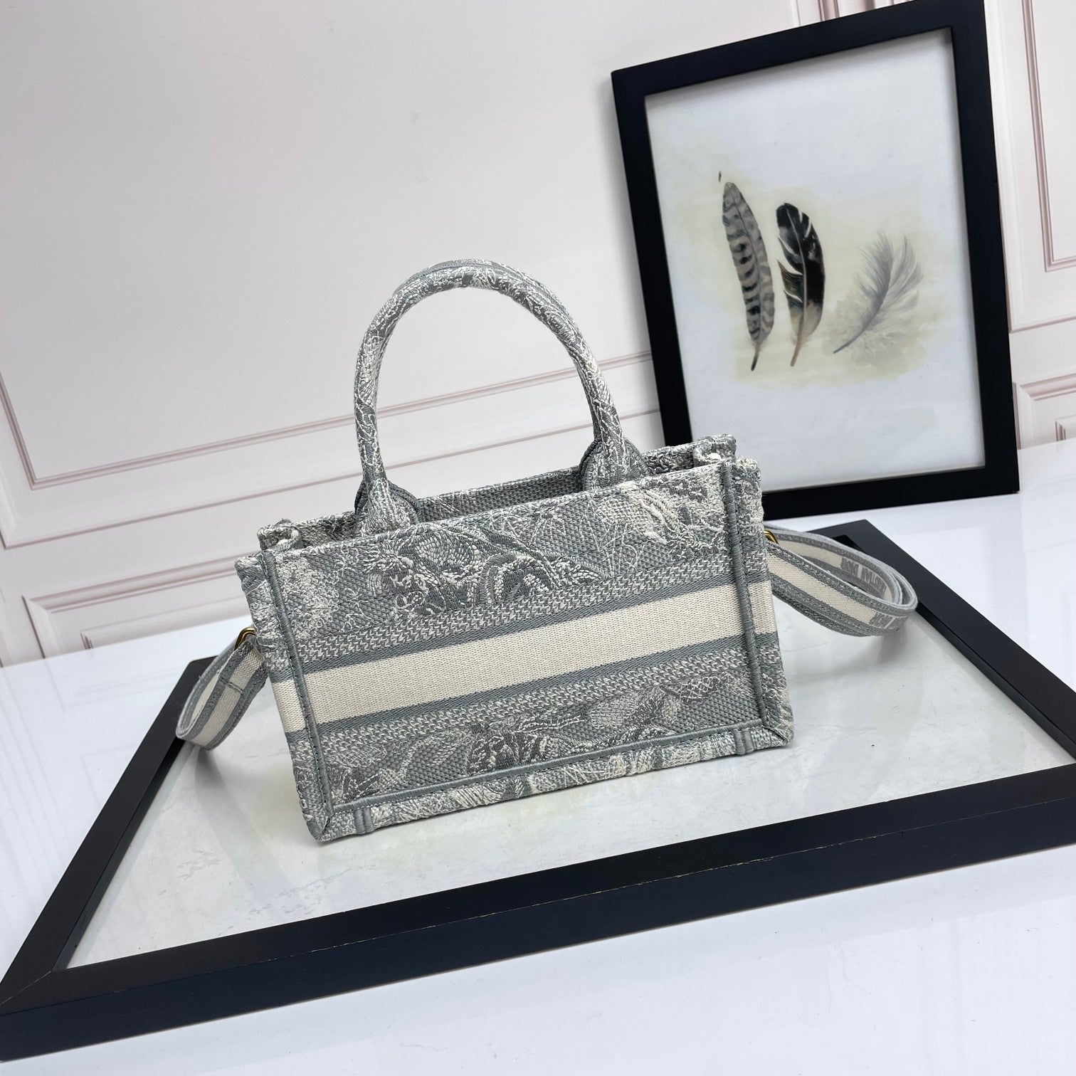 Dior Vintage Grey Embroidered Canvas Mini Tote Bag with Strap