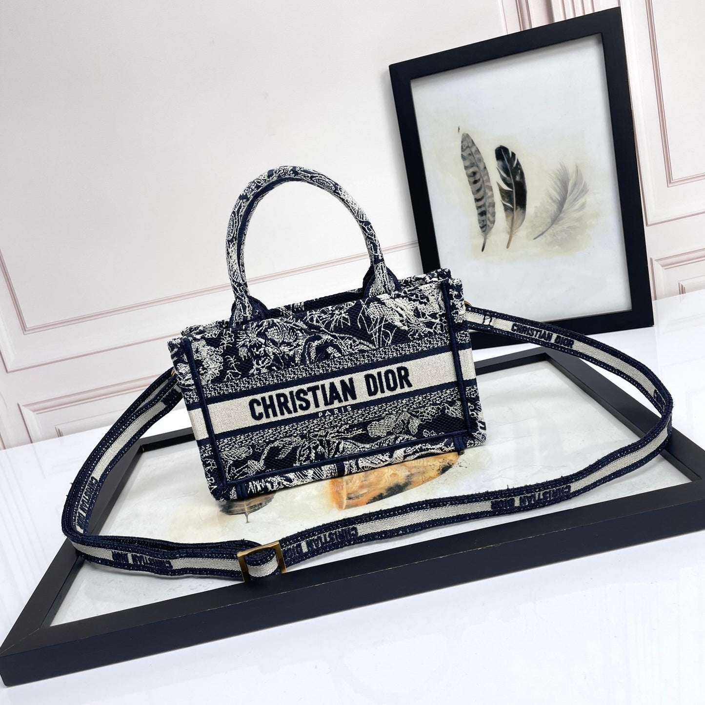 Dior Embroidered Floral Canvas Mini Tote Bag with Adjustable Crossbody Strap