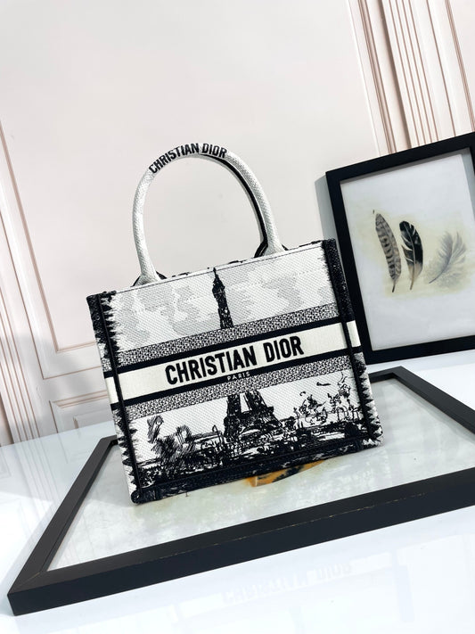 Dior Black and White Paris Skyline Embroidered Canvas Tote Bag