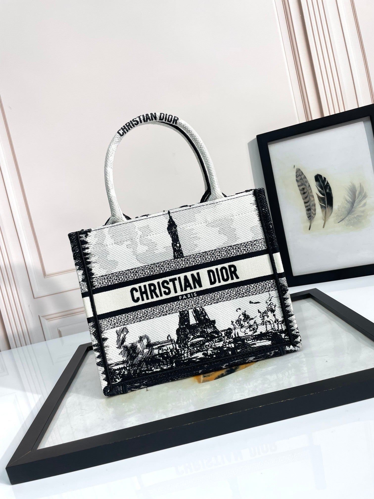 Dior Black and White Embroidered Canvas Paris Eiffel Tower Tote Bag