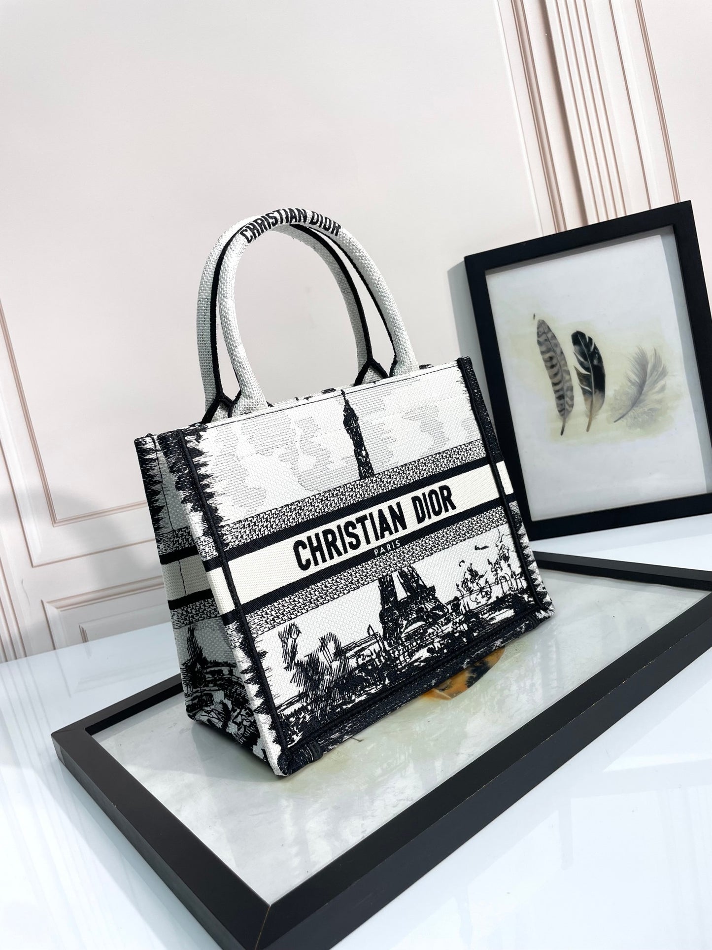 Dior Black and White Paris Skyline Embroidered Canvas Tote Bag