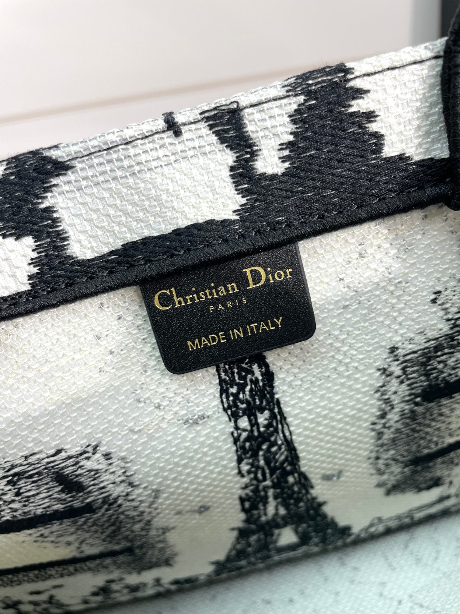Christian Dior Book Tote Bag - Black and White Paris Cityscape Embroidery
