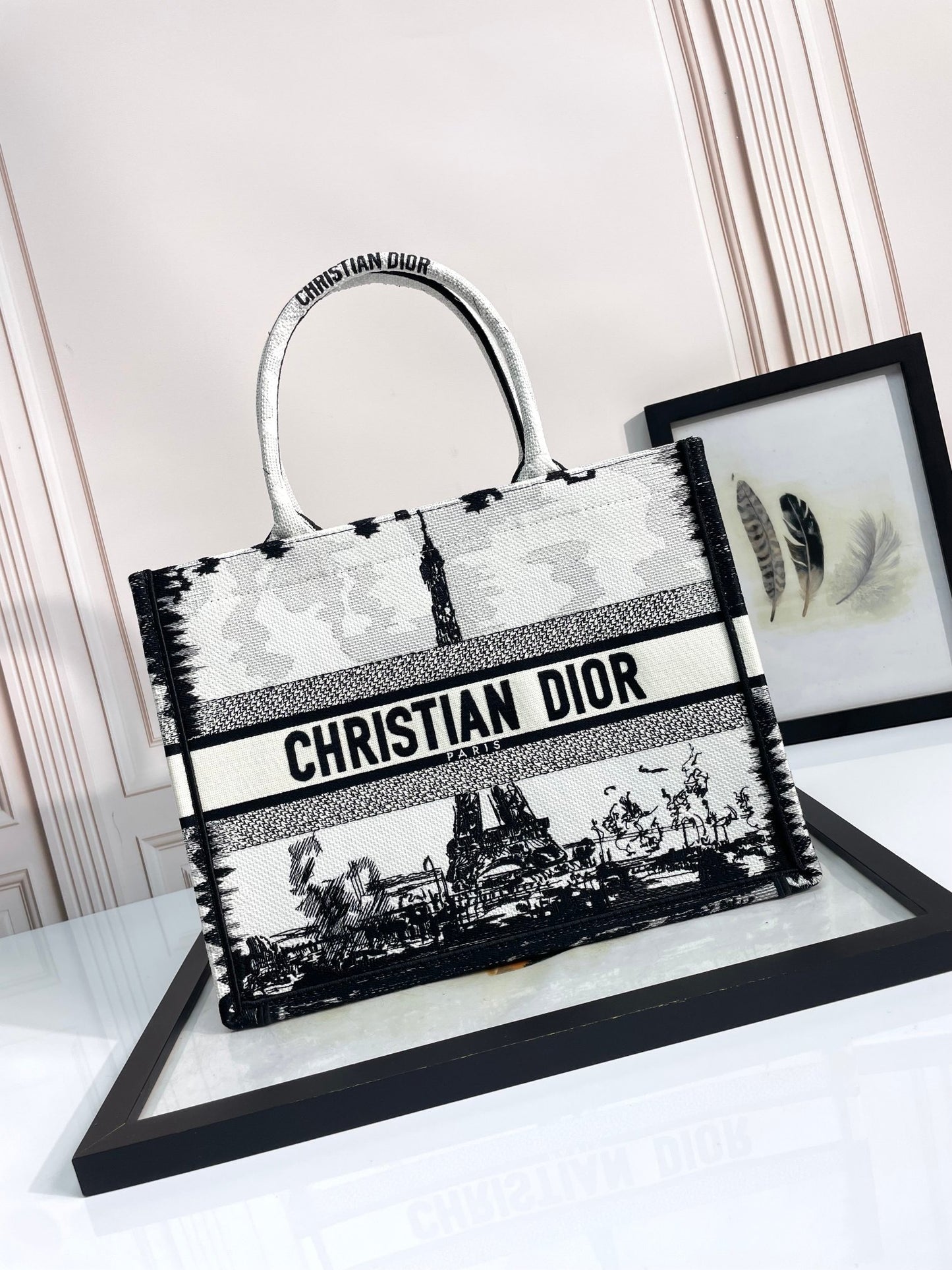 Dior Paris Eiffel Tower Print Canvas Tote Handbag with Top Handles
