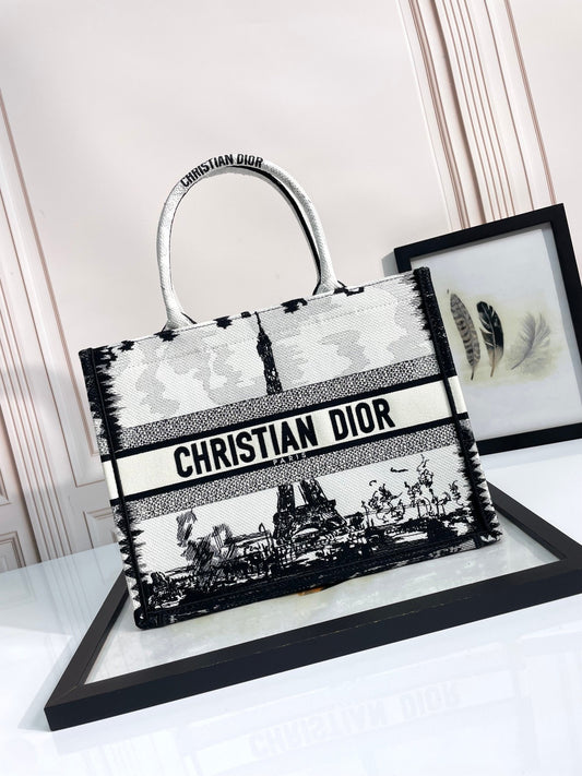 Dior Paris Eiffel Tower Print Canvas Tote Handbag with Top Handles