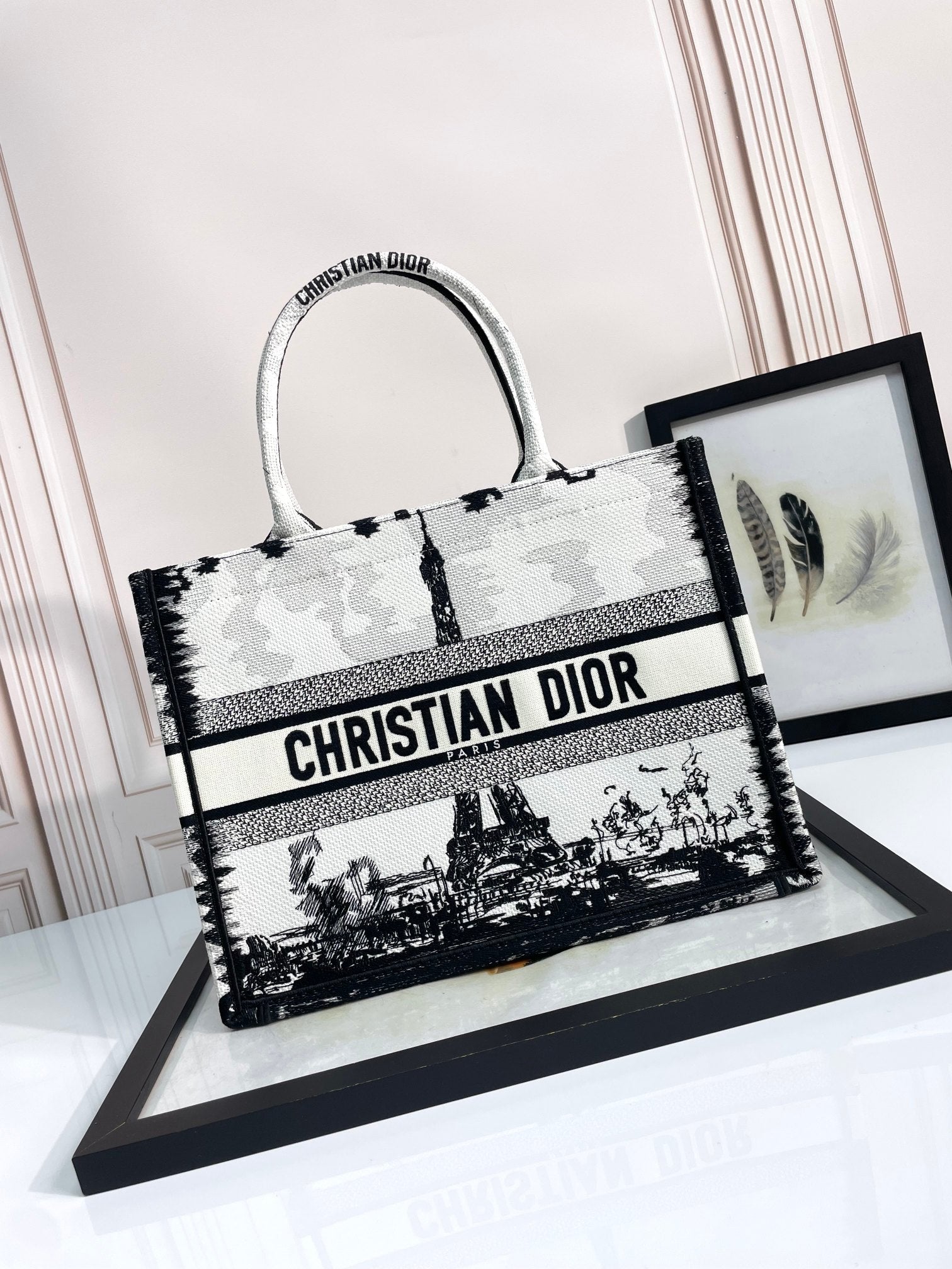 Dior Paris Eiffel Tower Printed Canvas Tote Bag with Top Handles
