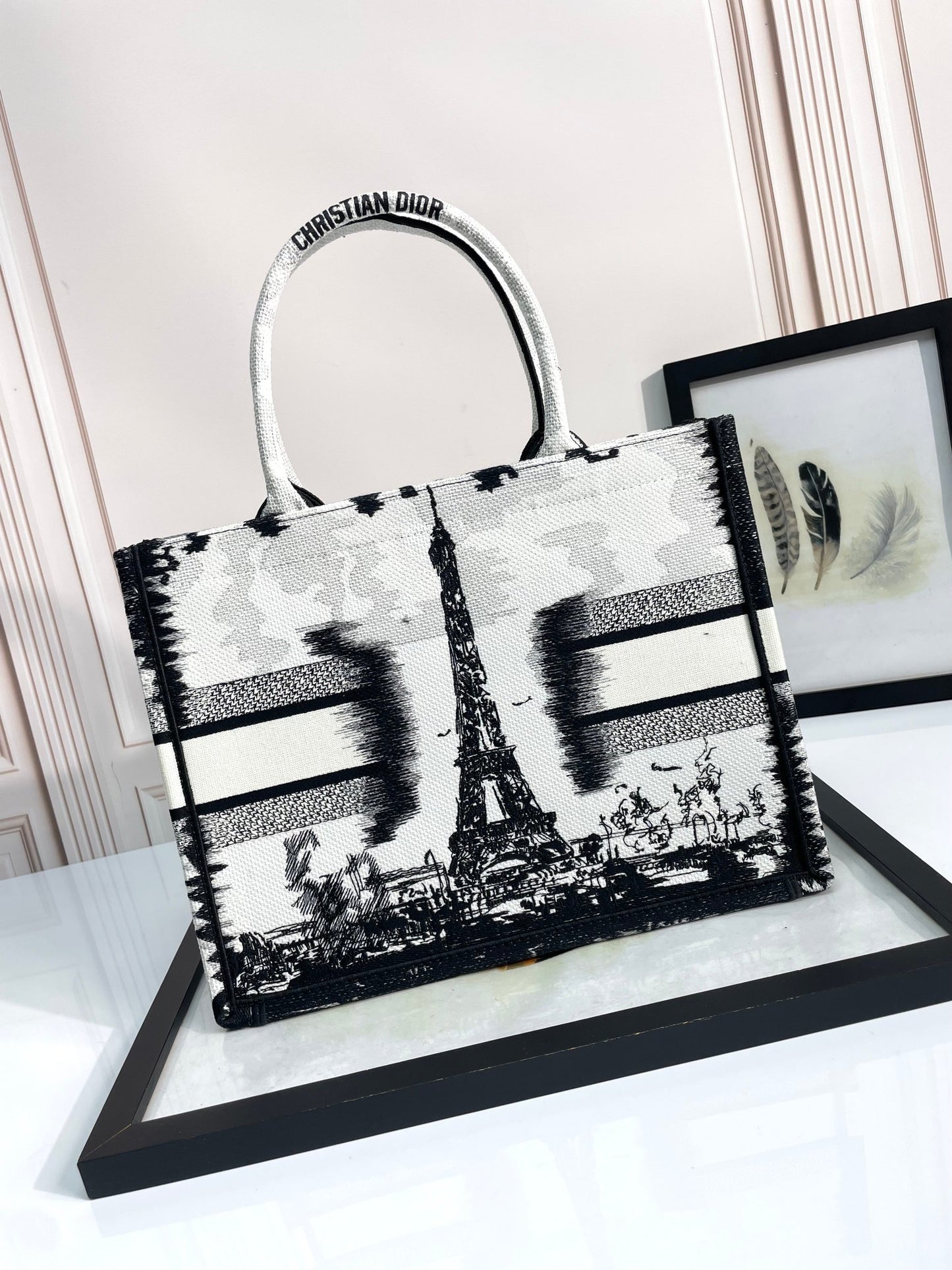 Dior Black and White Paris Eiffel Tower Woven Canvas Tote Bag