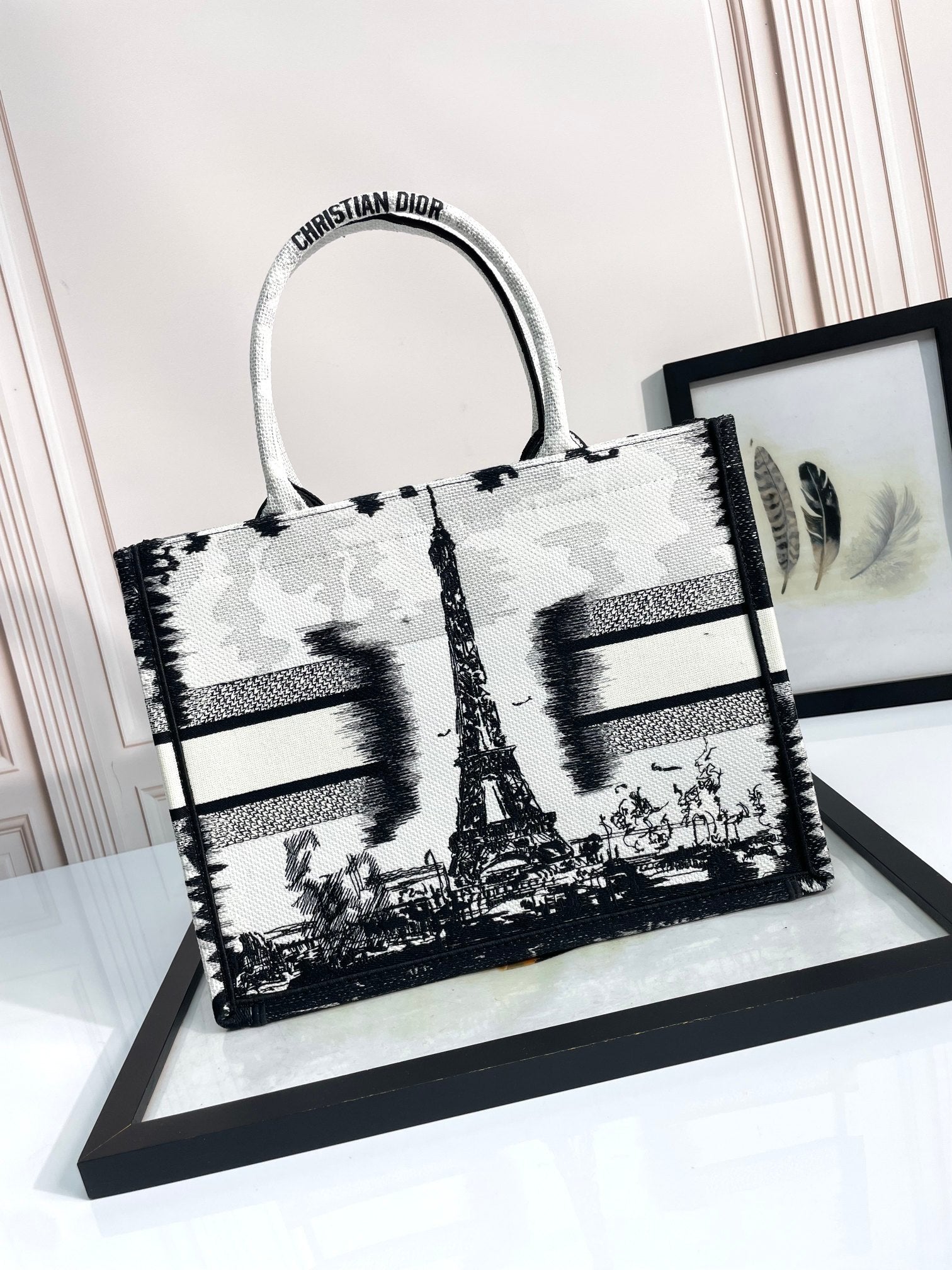 Dior Black and White Paris Eiffel Tower Embroidered Canvas Tote Bag