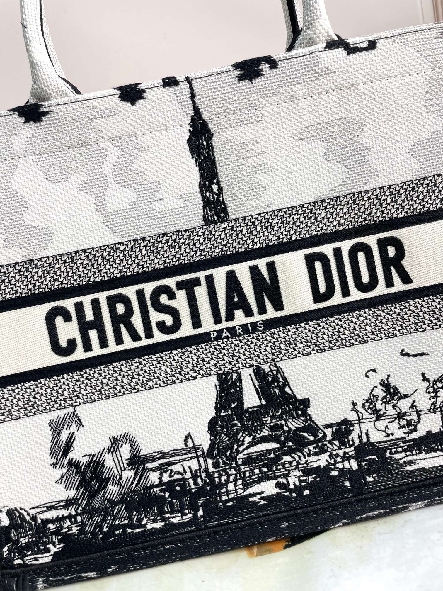 Christian Dior Large Book Tote Bag - Paris Eiffel Tower Print Embroidery - Black & White