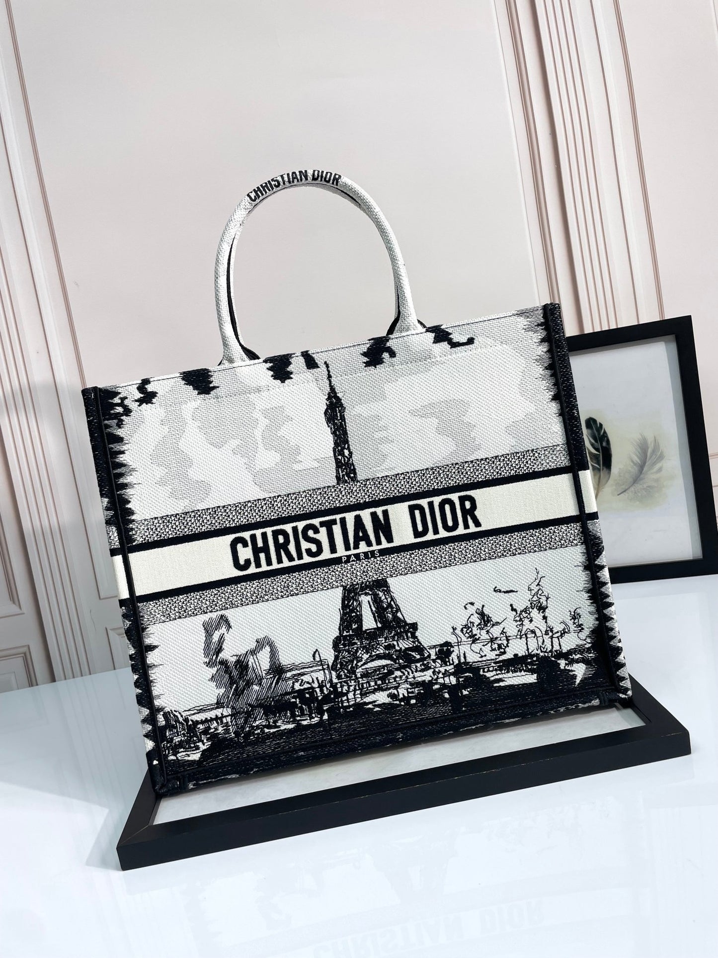 Dior Classic Black and White Paris Eiffel Tower Canvas Tote Bag