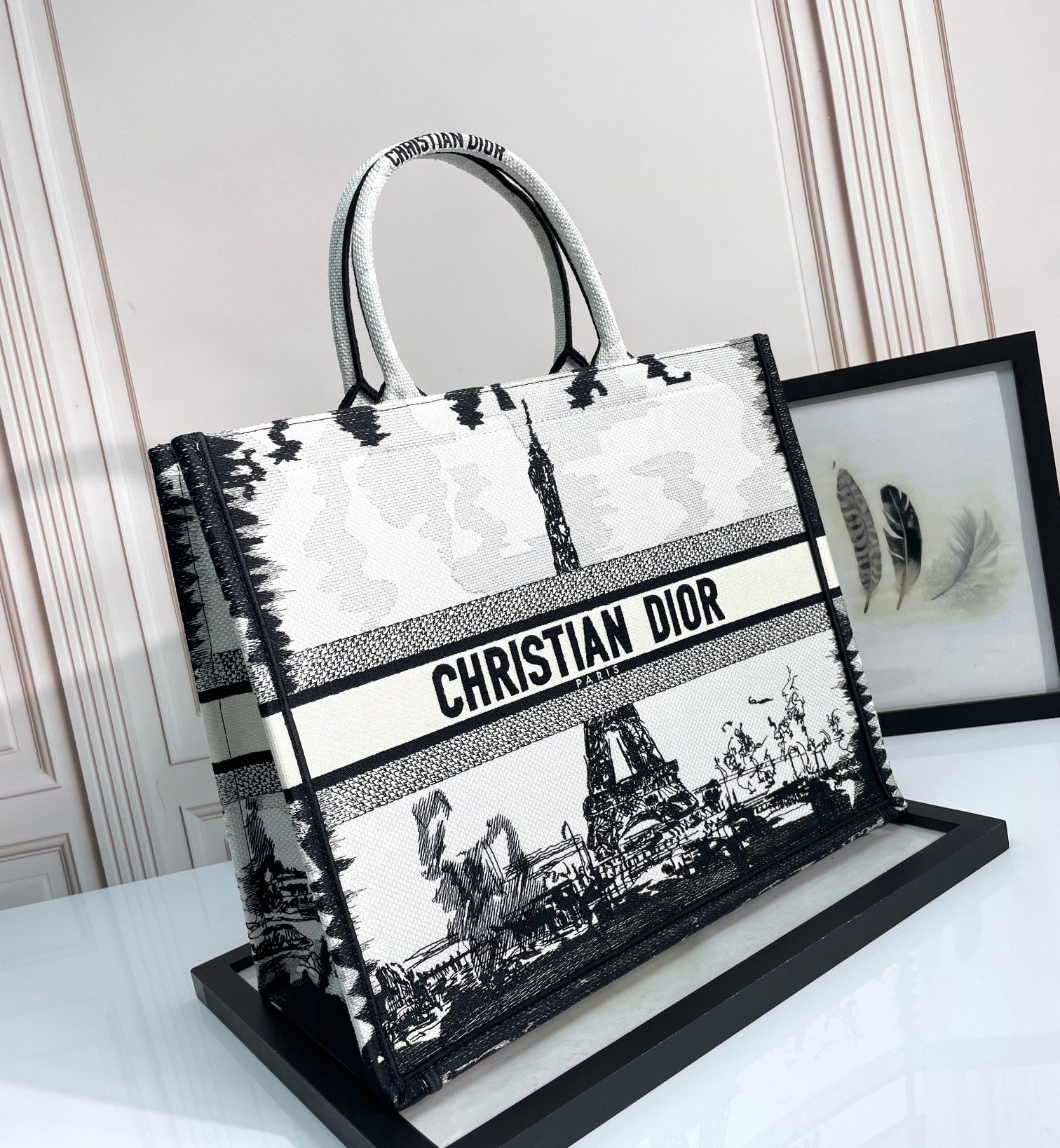Dior Paris Eiffel Tower Graphic Canvas Tote Bag with Top Handles