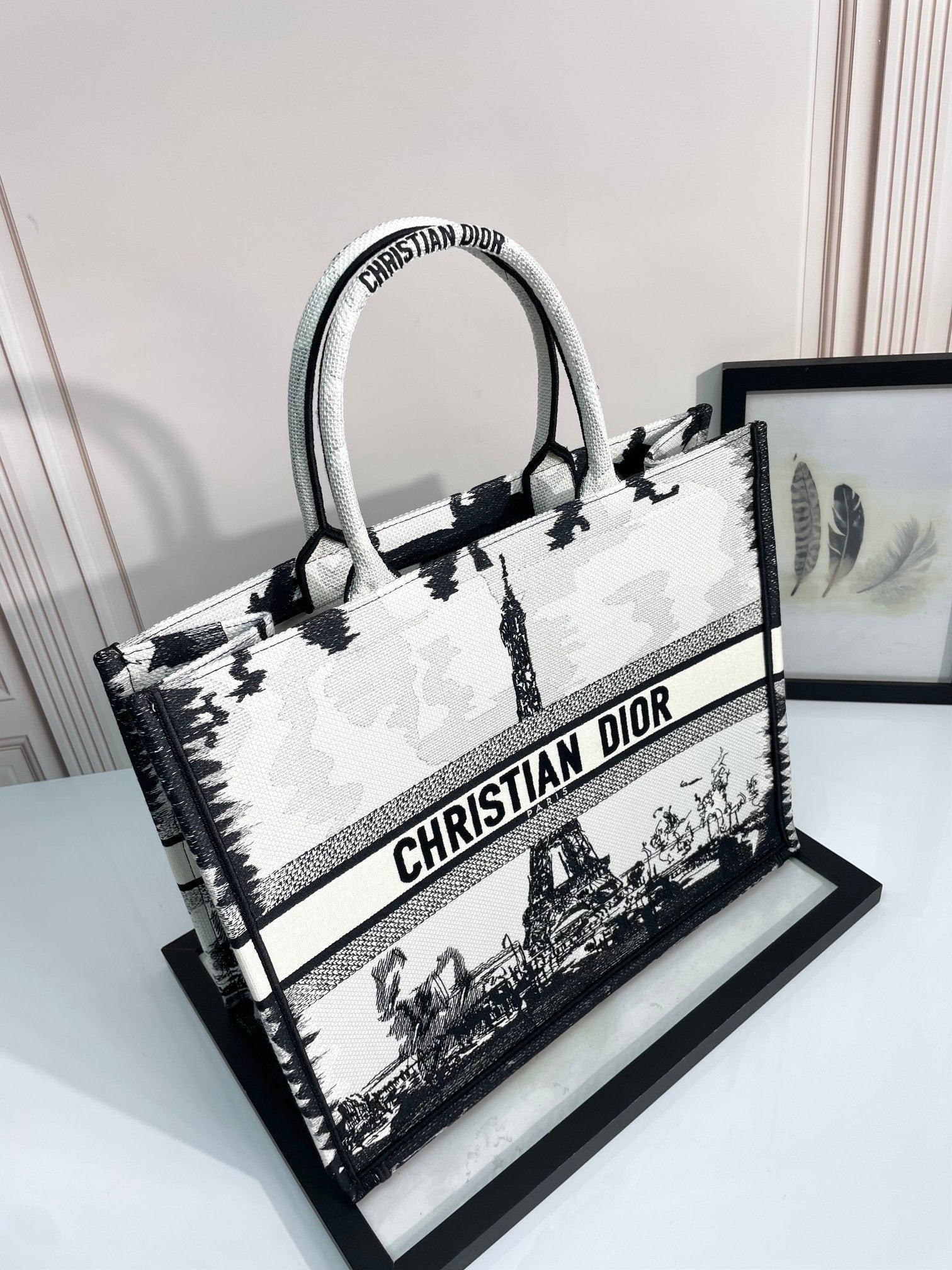 Dior Elegant Black and White Paris Eiffel Tower Canvas Tote Bag