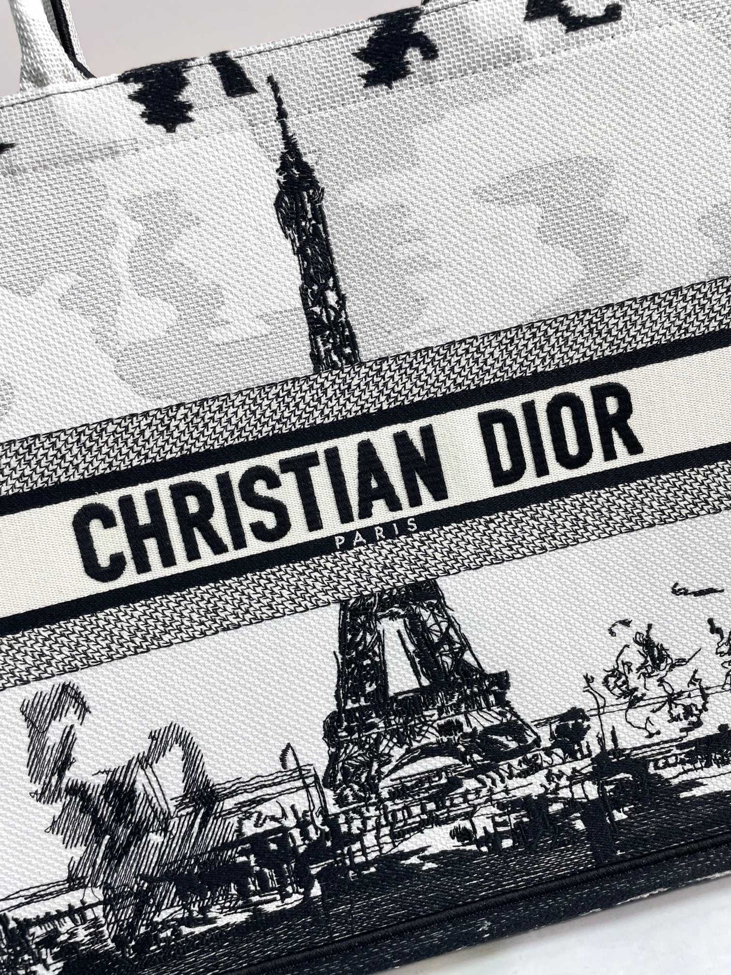 Dior Classic Black and White Paris Eiffel Tower Canvas Tote Bag