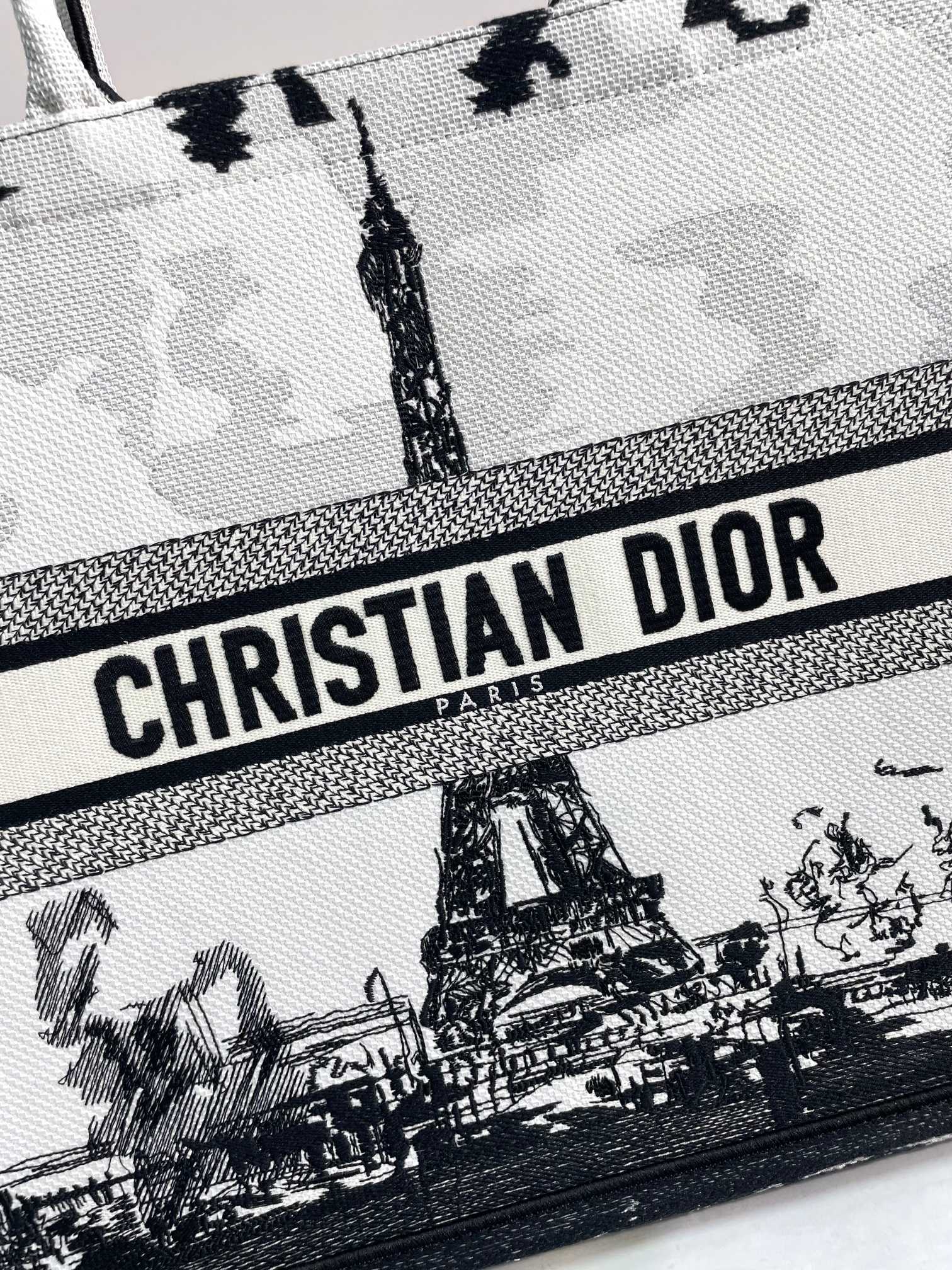Dior Classic Black and White Paris Eiffel Tower Canvas Tote Bag