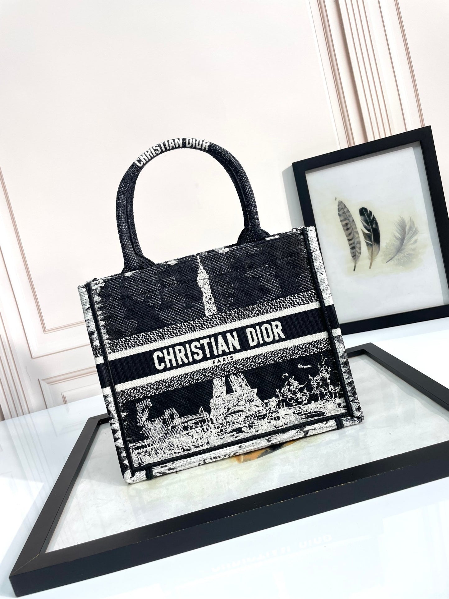 Dior Paris Eiffel Tower Embroidered Black and White Canvas Tote Bag