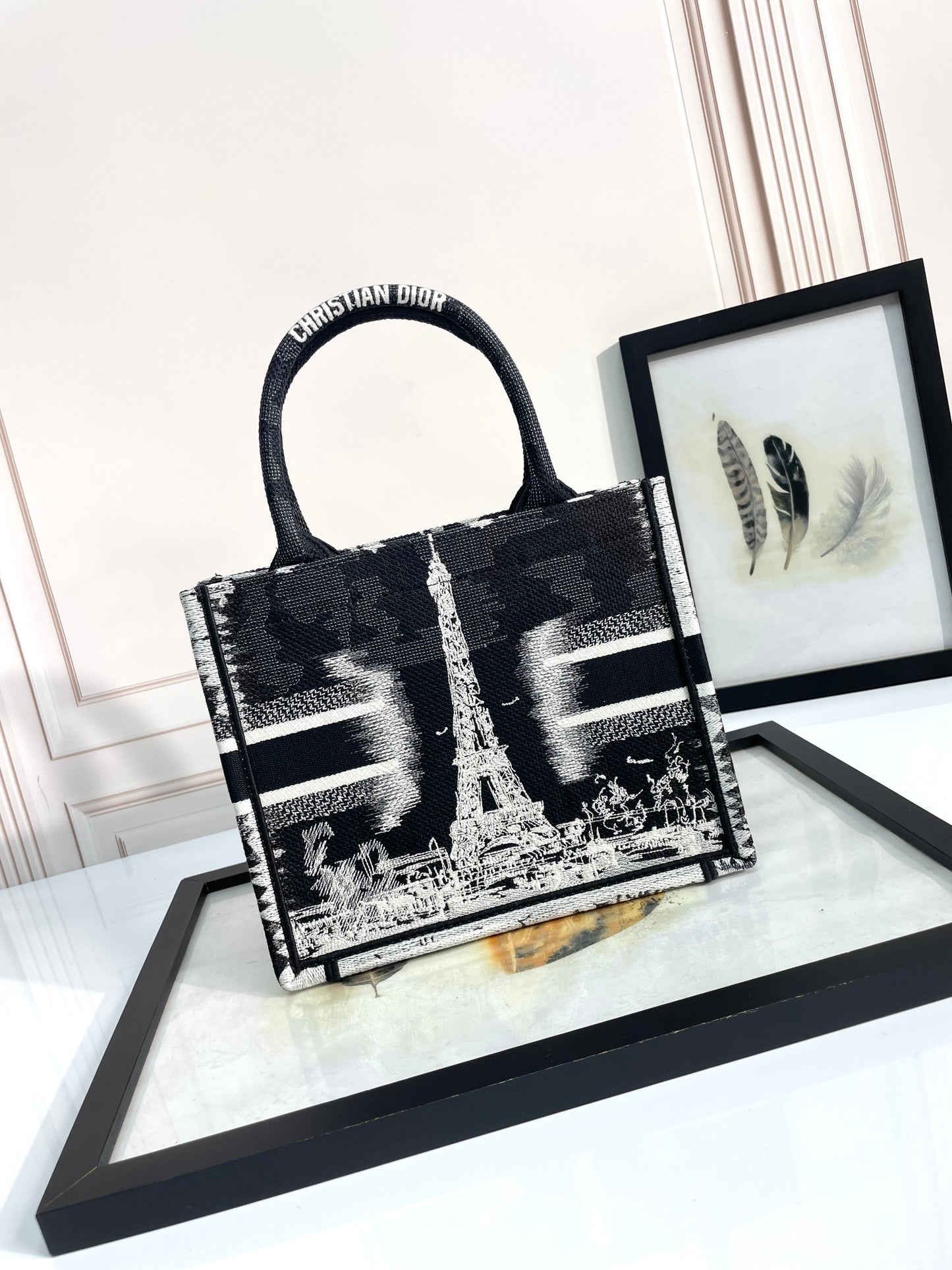 Dior Black and White Paris Eiffel Tower Embroidered Canvas Tote Bag