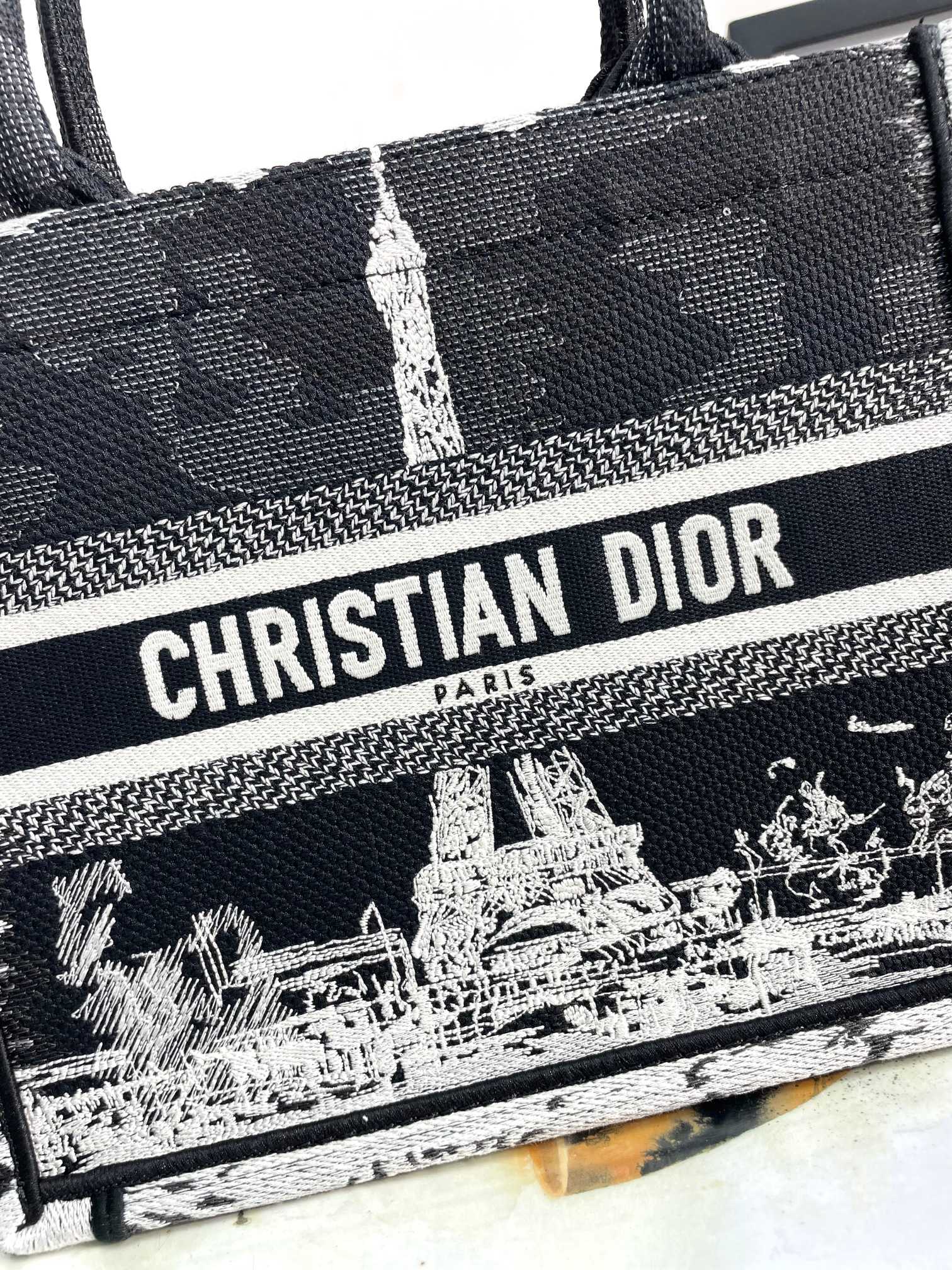 Dior Black and White Paris Eiffel Tower Embroidered Canvas Tote Bag