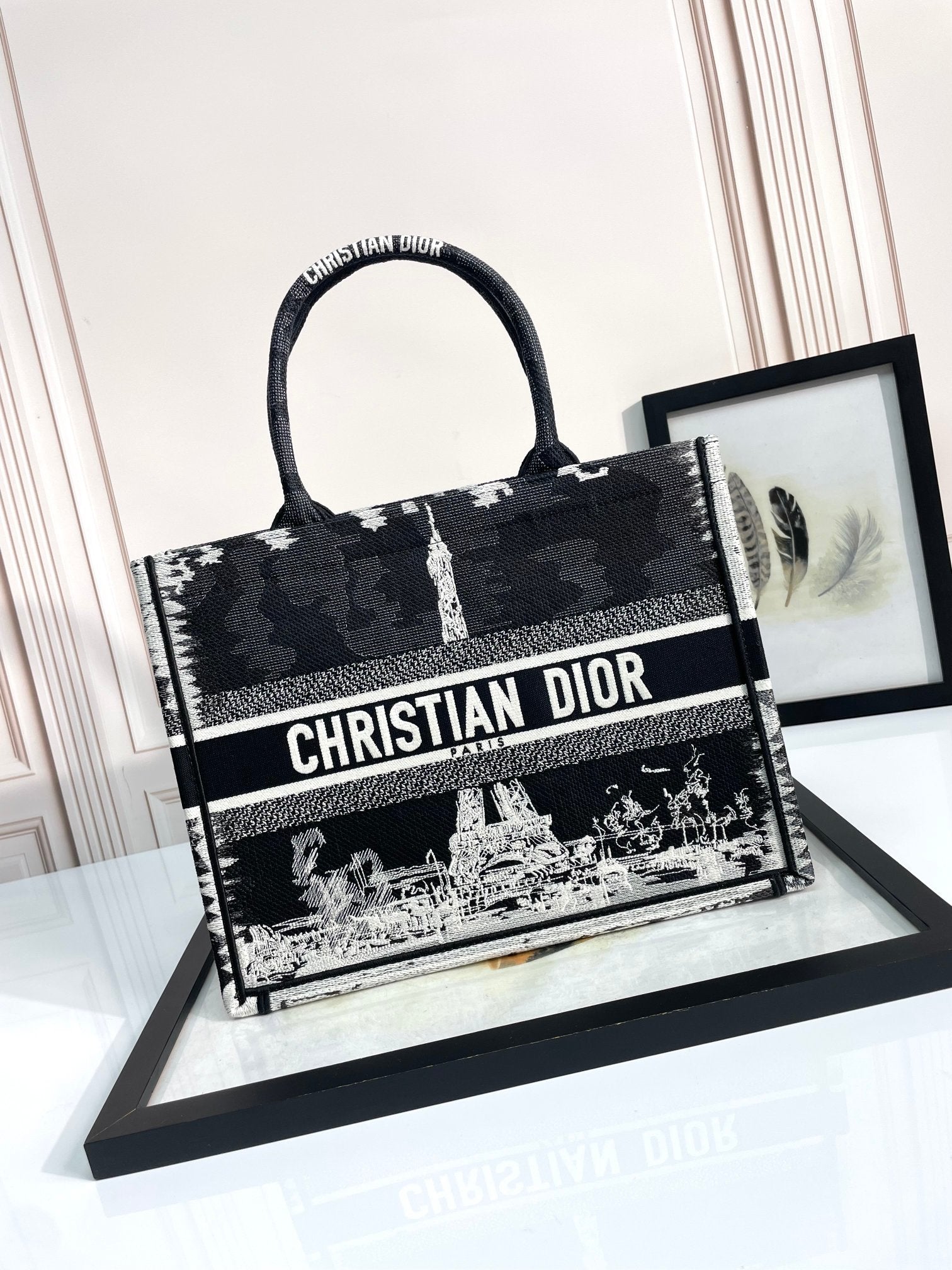 Dior Black and White Paris Eiffel Tower Embroidered Canvas Tote Bag