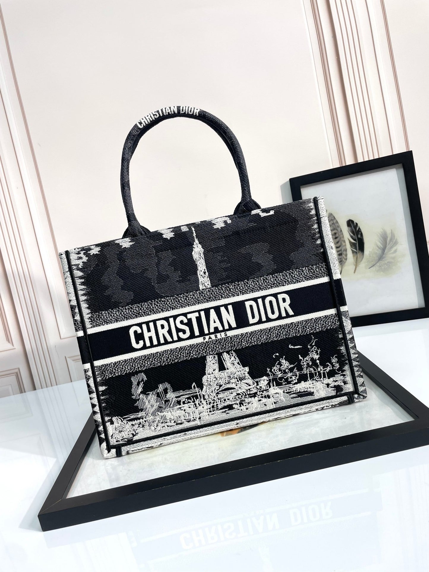 Dior Embroidered Paris Eiffel Tower Canvas Top Handle Tote Bag